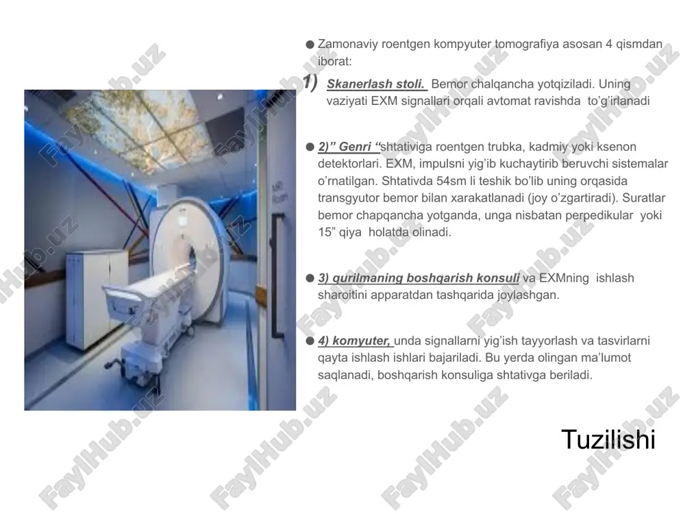 ortiq bo'lmasligi kerak. diagnostika tomograf turiga va kontrastni tarqatish vaqtini kutish zarurligiga qarab uch daqiqadan bir soatgacha davom etadi. ktning afzalliklari ktning kamchiliklari kt tarixi kt uchun birinchi matematik algoritmlar 1917 yilda avstraliyalik matematik i. radon tomonidan ishlab chiqilgan. 1963 yilda amerikalik fizik a.kormak radondan takrorlangan usuldan foydalanib, tomografik rekonstruksiya muammosini hal qildi. 1969 yilda ingliz fizikasi muhandisi g. xounsfild “emr skaneri”ni yaratdi - faqat bosh uchun mo'ljallangan birinchi kompyuter tomografi 1971 yilda klinik sinovdan o'tkazildi. 1972 yilda gaudri xounsfild va j. amroz britaniya radiologiya instituti kongressida “radiologiya miyaga kiradi” degan xabar bilan chiqishgan. e’tiboringiz uchun rahmat image1.jpeg image2.jpeg image3.jpeg image4.jpeg image5.jpeg image6.jpeg image7.png image8.jpeg image9.jpeg image10.jpeg image11.jpeg image12.jpeg image13.jpeg image14.jpeg image15.jpeg image16.jpeg image17.jpeg image18.jpeg image19.png