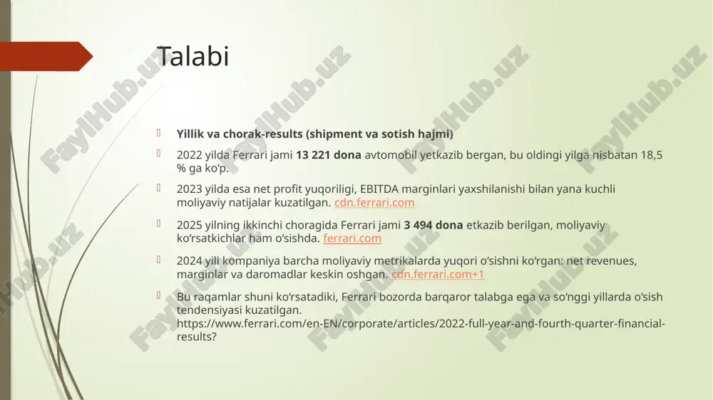 mavjud. shu sababli u narxni mustaqil belgilash imkoniyatiga ega va yuqori foyda oladi. aynan shuning uchun ferrari italiya va yevropadagi eng yirik soliq to‘lovchi kompaniyalardan biri hisoblanadi narxni belgilash usullari ferrari bozorda premium narx siyosatini yuritadi, ya’ni mahsulotlarini yuqori narxda sotadi va chegirmalar (diskont) deyarli qo‘llamaydi. kompaniya uchun narx — bu sifat va brend qadriyatining belgisi. ferrari narxni quyidagi usullar bilan belgilaydi: premium narx – mahsulot noyobligi va sifati uchun yuqori narx qo‘yiladi. bozor segmenti bo‘yicha narx – har bir mamlakatda narx soliq va bojxona sharoitiga qarab belgilanadi. personalizatsiya – har bir mijoz o‘ziga mos dizayn tanlaydi, bu narxni oshiradi. chegirmasiz siyosat – brend qadri pasaymasligi uchun ferrari chegirma bermaydi. korxona qaysi diskriminatsiya usulini qo’llaydi ferrari kompaniyasi o‘z faoliyatida diskriminatsiyani (kamsitishni) qat’iyan taqiqlaydi. u barcha xodimlarga teng imkoniyat, hurmat va xavfsiz ish muhitini ta’minlaydi. siyosat “diversity & inclusion” tamoyillariga asoslangan. 🔹 ferrari diskriminatsiyani oldini olishning 10 ta usuli teng imkoniyat …