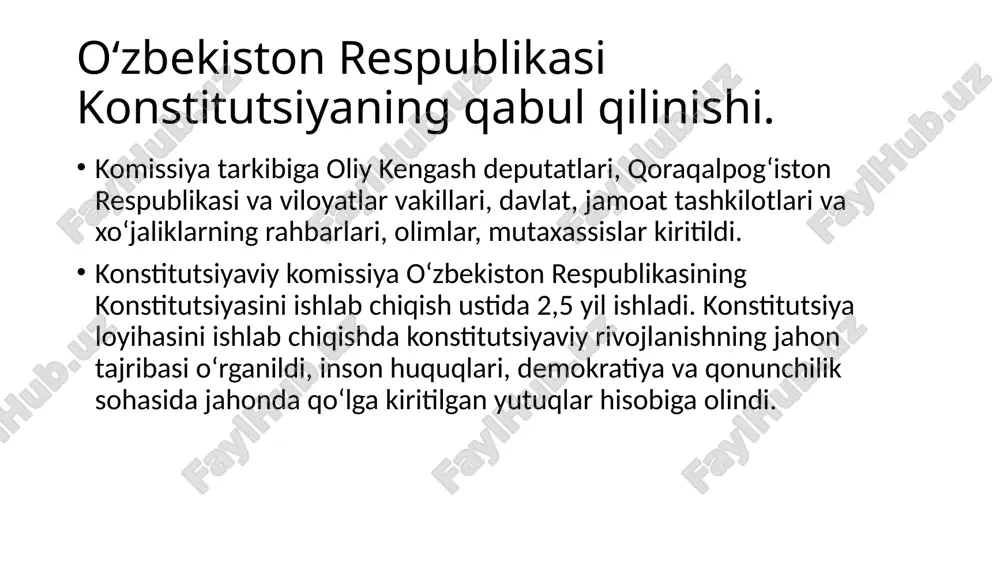 moya qilishi kafolatlanadi. konstitutsiyaning tamoyillari. yettinchi tamoyil - qonuniylikdir. qonuniylik jamiyatning bir maromda hayot kechirishini, davlat organlarining maromli faoliyat ko‘rsatishini ta’minlaydi. davlat, uning organlari, mansabdor shaxslar, jamoat birlashmalari, fuqarolar konstitutsiya va qonunlarga muvofiq ish ko‘rgandagina jamiyatda barqarorlik va taraqqiyot bo‘ladi. sakkizinchi tamoyil - o‘zbekiston respublikasi tashqi siyosatining asosiy qoidalarini aniq belgilab qo‘yilganligidadir. asosiy qonunning 17-moddasida o‘zbekiston respublikasi tashqi siyosati aks etgan. konstitutsiyada davlat xalqning manfaatlari va xavfsizligini ta’minlash maqsadida boshqa davlatlar bilan ittifoq va do‘stona aloqalar o‘rnatishi hamda davlatlararo tuzilmalarga kirishi va ulardan ajralib chiqishi mumkinligi qonunlashtirilgan. konstitutsiyaning tamoyillari. to‘qqizinchi tamoyil - mahalliy o‘zini-o‘zi boshqarishdir. o‘zbekistonda o‘zbek davlatchiligi rivojining tarixiy tajribasiga tayangan holda mahalliy hokimiyat boshlig‘i bo‘lgan hokim instituti joriy etildi. viloyatlar, tumanlar va shaharlarda hokimiyatning vakillik organlari xalq deputatlari kengashlari bo‘lib, ularga viloyat, tuman va shahar hokimlari boshchilik qiladilar. konstitutsiyaning 99 - 104–moddalarida mahalliy davlat hokimiyati asoslari, hokimlarni tayinlash va tasdiqlash tartiblari, ularning vazifalari belgilab berilgan. konstitutsiyaning tamoyillari. o‘zbekiston …