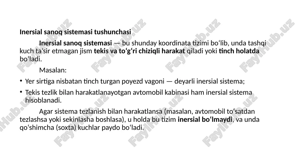 atalari, vaqti va tezligini o‘zaro bog‘laydigan matematik formulalardir. bu transformatsiyalar galileyning nisbiylik prinsipi asosida klassik mexanikada ishlab chiqilgan. 1. masala mohiyati faraz qilaylik, bizda ikkita inersial sanoq sistemasi mavjud: k(x,y,z,t)k(x, y, z, t)k(x,y,z,t) — tinch turgan yoki asosiy sistema; k′(x′,y′,z′,t′)k'(x', y', z', t')k′(x′,y′,z′,t′) — tekis to‘g‘ri chiziqli harakat bilan xxx-o‘qi yo‘nalishida vvv tezlikda harakatlanayotgan sistema. agar vaqt t=0t = 0t=0 da bu ikki sistema koordinata boshi bir joyda (ya’ni x=x′=0x = x' = 0x=x′=0) bo‘lsa, har bir hodisaning koordinatalari va vaqti bu sistemalarda turlicha o‘lchanadi. 2. galiley transformatsiya tenglamalari galileyning fikricha, vaqt barcha sistemalarda bir xil o‘tadi (ya’ni mutlaq), lekin koordinatalar harakat tufayli o‘zgaradi. shu asosda quyidagi formulalar kelib chiqadi: bu — galiley transformatsiyasi deyiladi. bu formulalardan ko‘rinib turibdiki: y har bir sistema uchun bir xil (faqat harakat yo‘nalishiga perpendikulyar koordinatalar o‘zgarmaydi); z ham o‘zgarmaydi; faqat x koordinata harakat tezligi vvv sababli o‘zgaradi; vaqt esa har ikkala sistemada bir xil …