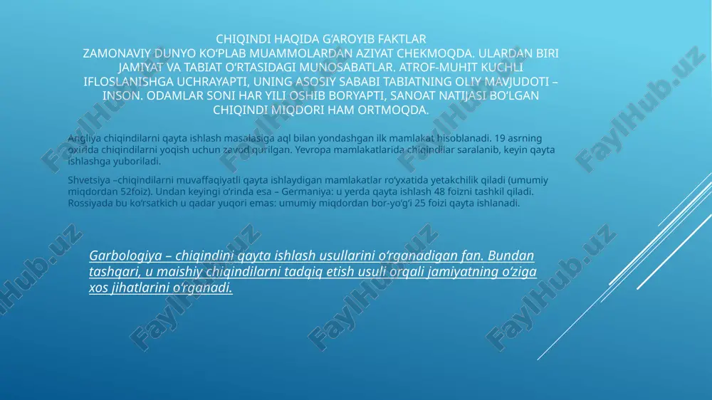 i, savdo ob'ektlarining axlatlari, go'ng, hayvonlarni o'lik tanasi, qurilish axlatlari. chiqindilar energetik resurs sifatida muhim ahamiyatga ega, chunki ular yashil energiyani ishlab chiqarishda, qazib olinadigan yoqilg'ilarga bo'lgan qaramlikni kamaytirishda va atrof-muhitga salbiy ta'sirni qisqartirishda yordam beradi. ulardan issiqlik, elektr energiyasi, gaz va boshqa yoqilg'ilar ishlab chiqarish mumkin, bu esa ekologik va iqtisodiy jihatdan foydalidir. chiqindilarni energetik manba sifatida ishlatishning muhim jihatlari: qayta tiklanadigan energiya manbai: chiqindilar, ayniqsa organik chiqindilar, qayta tiklanadigan energiya manbai hisoblanadi. ulardan ajralib chiqqan gazlardan (biogaz) elektr va issiqlik energiyasi olish mumkin. foydalanish: chiqindilarni yoqish orqali elektr energiyasi ishlab chiqarish (chiqindilarni yoqish orqali energiya ishlab chiqarish) (waste-to-energy) mumkin, bu esa qazib olinadigan yoqilg'ilarga bo'lgan ehtiyojni kamaytiradi. atrof-muhitni muhofaza qilish: chiqindilarni yoqish va ulardan energiya olish jarayonlari, chiqindilarni to'g'ridan-to'g'ri ko'mib tashlashga qaraganda, atrof-muhitga kamroq zarar yetkazadi, chunki bu metan kabi zararli gazlarning atmosferaga chiqishini kamaytiradi. iqtisodiy foyda: chiqindilarni qayta ishlash va ulardan energiya olish, yangi ish o'rinlarini yaratadi, …
