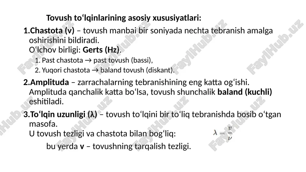 bilan to‘qimalarga ta’sir qilib, qon aylanishini yaxshilash, yallig‘lanishni kamaytirish. jarrohlikda – ultratovush pichoqlari yordamida to‘qimalarni aniq kesish (masalan, katarakta operatsiyalarida). b) sanoatda nosozliklarni aniqlash – metall buyumlarda yoriqlar, g‘ovaklar yoki boshqa nuqsonlarni topishda (ultratovush defektoskopiyasi). tozalash – murakkab shaklli buyumlarni (optik linzalar, zargarlik buyumlari) ultratovush vannalarida tozalash. payvandlash – plastmassa yoki metall qismlarni ultratovush tebranishlari yordamida biriktirish. o‘lchov ishlari – masofa, qalinlik yoki chuqurlikni o‘lchash (ultratovush sath o‘lchagichlar, sonar). c) harbiy va dengiz sohalarida sonar tizimlari – suv ostidagi ob’ektlarni aniqlash, masofa o‘lchash, suv osti navigatsiyasida qo‘llaniladi. d) biologiyada va ekologiyada hayvonlar (masalan, ko‘rshapalaklar, dengiz sutemizuvchilari) ultratovush orqali eko-lokatsiya qiladi — atrofni “ko‘rish” uchun tovush aks-sadosidan foydalanadi. ekologik monitoringda — baliqlar sonini aniqlash, suv osti muhitini o‘rganish uchun ishlatiladi. 4. afzalliklari inson tanasiga zarar yetkazmaydi (ionlashtiruvchi nurlanishdan farqli ravishda). yuqori aniqlikda tasvir olish imkonini beradi. real vaqt rejimida kuzatuv qilish mumkin. texnik va biologik sohalarda universalligi yuqori. foydalanilgan adabiyotlar o‘.t. …