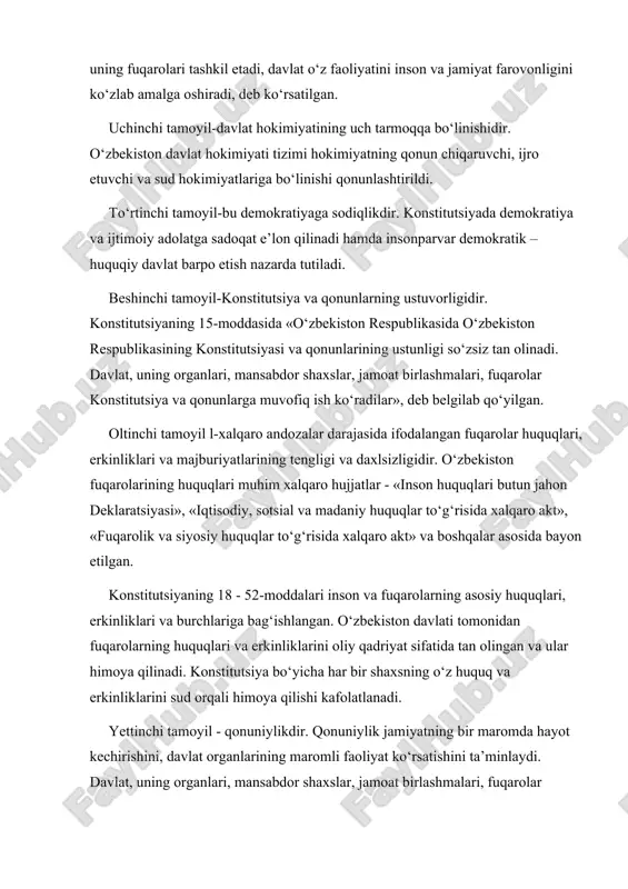 ar konstitutsiya va qonunlarga muvofiq ish ko‘rgandagina jamiyatda barqarorlik va taraqqiyot bo‘ladi. sakkizinchi tamoyil - o‘zbekiston respublikasi tashqi siyosatining asosiy qoidalarini aniq belgilab qo‘yilganligidadir. asosiy qonunning 17-moddasida o‘zbekiston respublikasi tashqi siyosati aks etgan. konstitutsiyada davlat xalqning manfaatlari va xavfsizligini ta’minlash maqsadida boshqa davlatlar bilan ittifoq va do‘stona aloqalar o‘rnatishi hamda davlatlararo tuzilmalarga kirishi va ulardan ajralib chiqishi mumkinligi qonunlashtirilgan. to‘qqizinchi tamoyil - mahalliy o‘zini-o‘zi boshqarishdir. o‘zbekistonda o‘zbek davlatchiligi rivojining tarixiy tajribasiga tayangan holda mahalliy hokimiyat boshlig‘i bo‘lgan hokim instituti joriy etildi. viloyatlar, tumanlar va shaharlarda hokimiyatning vakillik organlari xalq deputatlari kengashlari bo‘lib, ularga viloyat, tuman va shahar hokimlari boshchilik qiladilar. konstitutsiyaning 99 - 104–moddalarida mahalliy davlat hokimiyati asoslari, hokimlarni tayinlash va tasdiqlash tartiblari, ularning vazifalari belgilab berilgan. konstitutsiyaning tamoyillari. o‘zbekiston respublikasi konstitutsiyasiga kiritilgan bu o‘zgartirishlar va qo‘shimchalar o‘zbekiston respublikasi bosh vazirining, hukumatning mas’uliyatini kuchaytirishga, jamiyat siyosiy hayotining faollashuviga, saylov tizimining yanada takomillashuviga xizmat qilmoqda. konstitutsiya kuchga kirgandan buyon o‘zbekiston oliy …