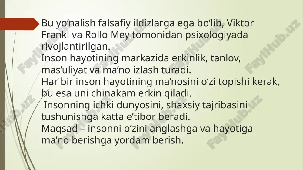 am beradi? a) ruhiy o‘sishga va ma’no izlashga intiluvchilarga b) bolalar va o‘smirlarga c) jiddiy psixozli bemorlarga d) jinoiy xulqli shaxslarga 15. ekzistensial terapiyada terapevtning roli qanday? a) mijozni boshqaruvchi b) baholovchi va nazorat qiluvchi c) mijoz bilan teng sherik, hayot ma’nosini birgalikda izlovchi d) buyruq beruvchi glossary 1. ekzistensiya — insonning borliqdagi mavjudligi, o‘z hayotini ongli idrok etishi. 2. ekzistensial vakuum — hayot ma’nosini yo‘qotish, bo‘shliq va maqsadsizlik hissi (v. frankl). 3. logoterapiya — viktor frankl tomonidan yaratilgan yo‘nalish; insonni hayot ma’nosini topishga yo‘naltiruvchi terapiya turi. 4. erkinlik — insonning tanlov qilish qobiliyati va o‘z hayoti uchun javobgarligi. 5. mas’uliyat — insonning o‘z qarorlari va harakatlari oqibatlari uchun javob berish majburiyati. 6. yolg‘izlik — insonning o‘z mavjudligi bilan yuzma-yuz qolishi, ichki holat sifatida tushuniladi. 7. o‘limni anglash — hayotning chekliligini qabul qilish va shu orqali hayot ma’nosini chuqurroq his qilish. 8. autentiklik — insonning o‘ziga sodiq, samimiy va tabiiy …