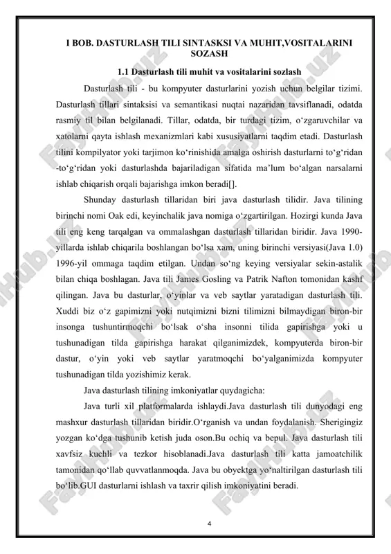 eytral bo‘lish va spetsifikatsiyaning amalga oshirishga bog‘liq jihatlari yo‘qligi java-ni portativ qiladi. java-dagi kompilyator ansi c-da posix kichik toyplami bo‘yalgan toza portativlik chegarasi bilan yozilgan. mustahkam − java asosan kompilyatsiya vaqtidagi xatolarni tekshirish va ish vaqtini tekshirishga eytibor qaratib, xatolarga moyil vaziyatlarni bartaraf etishga harakat qiladi. multithreaded - java-ning ko‘p tarmoqli xususiyati bilan bir vaqtning o‘zida bir nechta vazifalarni bajara oladigan dasturlarni yozish mumkin. ushbu dizayn xususiyati ishlab chiquvchilarga muammosiz ishlashi mumkin bo‘yalgan interaktiv ilovalarni yaratishga imkon beradi. interpreted - java bayt ko‘di tezda mahalliy mashina ko‘rsatmalariga tarjima qilinadi va hech qanday joyda saqlanmaydi. rivojlanish jarayoni tezroq va analitikdir, chunki ulanish bosqichma-bosqich va engil jarayondir. yuqori unumdorlik - just-in-time kompilyatorlaridan foydalangan holda java yuqori ishlash imkonini beradi. taqsimlangan - java internetning taqsimlangan muhiti uchun mo‘jallangan. dinamik - java c yoki c++ ga qaraganda dinamikroq hisoblanadi, chunki u rivojlanayotgan muhitga moslashish uchun mo‘jallangan. java dasturlari ish vaqtida obyektlarga kirishni tekshirish va …
