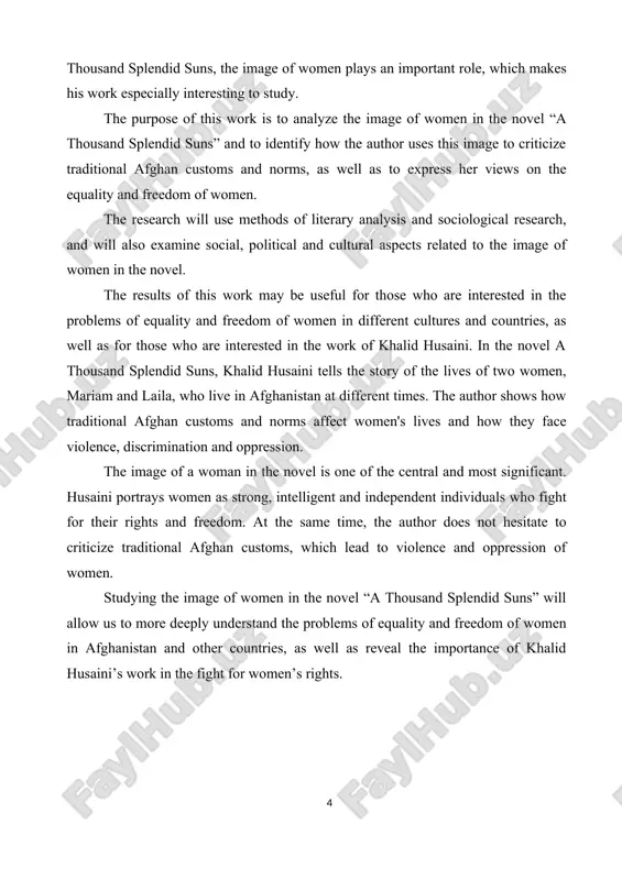 for their freedom and rights.[footnoteref:1] the author shows that women can be strong and independent, even when they are limited by social norms. women in afghan society face many restrictions that prevent them from realizing their needs and desires. one of the main limitations is dependence on men. women do not have the right to independently choose their life path and are forced to submit to male authority. they cannot work or get an education, which makes them dependent on their husbands or other male relatives. [1: study. international journal of english language, literature and humanities, 7(8), 25-32.] in addition, women are forced to hide their beauty and not attract the attention of men. they must wear burkas and cover their entire body. this restriction is due to traditions and religious beliefs, which believe that a woman should be modest and not draw attention to her appearance. despite all these …