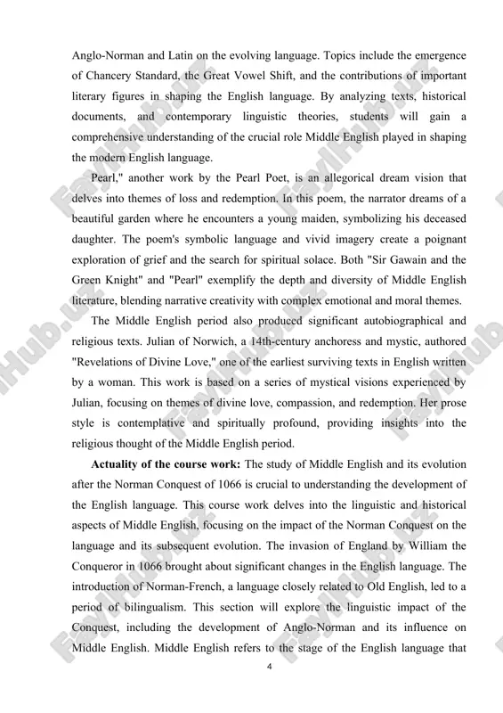 his research work is to investigate the evolution of the english language, specifically middle english, following the norman conquest of 1066. the study will delve into the linguistic changes that occurred during this period, as well as the factors that influenced the development of the language. by examining the historical, cultural, and social contexts surrounding this transformation, the research aims to provide a comprehensive understanding of the factors that shaped the english language and contributed to its growth and diversification. practical values of research work: middle english is a historical stage of the english language that spans from the late 12th century to the late 15th century. it is characterized by significant linguistic changes and the influence of old english, old norse, and anglo-norman french.the great vowel shift began in this period, causing the pronunciation of long vowels to change. consonant clusters and final consonant clusters also underwent alterations. middle …