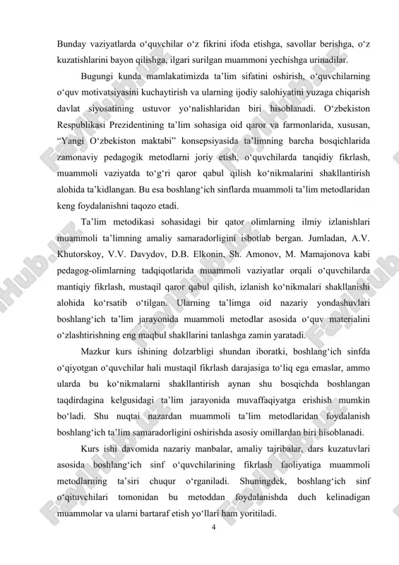 iqlash, amaliy misollar asosida uni dars jarayoniga qo‘llashning usullarini ko‘rsatishdan iborat. kurs ishining vazifalari: 1. boshlang‘ich ta’limning pedagogik va psixologik asoslarini tahlil qilish; 2. muammoli ta’lim metodining nazariy asoslarini o‘rganish; 3. boshlang‘ich sinflarda muammoli ta’lim metodlaridan foydalanishning afzalliklarini aniqlash; 4. amaliy dars jarayonida muammoli vaziyatlarni tuzish va uni samarali qo‘llash yo‘llarini o‘rganish; 5. tajriba-sinov darslari orqali muammoli ta’lim samaradorligini baholash. kurs ishining tuzilishi: mazkur kurs ishi kirish, 2 bob, 5bo`lim, xulosa va foydalanilgan adabiyotlardan iborat. i bob. muammoli ta'limning nazariy-asosiy mezonlari. 1.1. muammoli ta’limga doir ilmiy-nazariy qarashlar tahlili zamonaviy pedagogika taraqqiyoti sharoitida ta’limning sifatini oshirish, o‘quvchilarning fikrlash faoliyatini rivojlantirish, mustaqil bilim olish ko‘nikmalarini shakllantirishda muammoli ta’lim muhim ahamiyat kasb etadi. muammoli ta’lim – bu o‘quvchilarning aqliy faoliyatini faollashtiruvchi, ularni yangi bilimlarni mustaqil egallashga undovchi metoddir. bu uslubda asosiy diqqat markazida muammo mavjud bo‘lib, uning yechimi o‘quvchining izlanishi, fikrlashi, taxlil va sintez qilish jarayonida vujudga keladi. mazkur maqolada muammoli ta’limning nazariy …