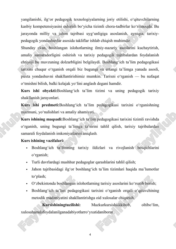 yatiga oid bilimlar bolalarga yoshligidan o‘rgatilgan. misrda ibodatxona maktablari mavjud bo‘lib, ularda yozuv, hisob-kitob, diniy bilimlar asosiy o‘rin tutgan. xitoyda konfutsiy ta’limotiga asoslangan maktablar o‘ziga xos tarbiyaviy tizimni shakllantirdi. ushbu tizim bolani ezgulik, hurmat, halollik va ota-onaga sadoqat ruhida tarbiyalashni nazarda tutgan. boshlang‘ich ta’limning yana bir muhim qadimiy ko‘rinishini hindistonda ko‘rish mumkin. bu yerda vedalar asosida bilim beriluvchi maktablar bo‘lgan bo‘lib, ular braxmanlar nazorati ostida faoliyat yuritgan. diniy matnlarni o‘rganish, axloqiy me’yorlar, tabiat va koinot haqida bilimlar bolalarga yoshligidan singdirilgan. bu esa, o‘z navbatida, ma’naviy yetuklik va aqliy rivojlanishning mustahkam poydevorini tashkil etgan. qadimgi yunonistonda ta’lim-tarbiyaning poydevori bolalarning individual rivojlanishini ta’minlashga yo‘naltirilgan edi. platon va aristotel kabi mutafakkirlar tomonidan ishlab chiqilgan ta’lim konsepsiyalari o‘z zamonasi uchun ilg‘or yondashuvlarni taklif etdi. platonning “davlat” asarida ideal jamiyatni qurishda ta’limning, ayniqsa, bolalar ta’limining hal qiluvchi rol o‘ynashi qayd etiladi. aristotel esa bola tabiati, yosh davrlari va ularning mos ravishda ta’lim olish imkoniyatlari haqida …