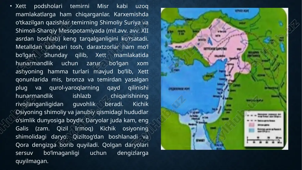 a shimoliy suriyada bo‘lgan yevropalik sayyohlar turli xil tasvirlar va yozuvlar bilan qoplangan qadimgi yodgorliklarga jumladan xamatdagi xett iroglif yozuvlariga e’tibor berganlar. biroq bu yodgorliklarni o‘rganishga faqat xix asrdagina birinchi marta urinib ko‘rilgan. fransuz tekse 30-yillarda bo‘g‘oz-qoyadagi (kichik osiyoning sharqiy qismi) qadimgi xett shahari xarobalarini kelib ko‘rib, uerdan topilgan yodgorliklarning nusxasini olgan va o‘zi topgan arxitektura va skulptura yodgorliklarini 1839 yilda birinchi marta nashr qilgan. dastlabki arxeologik qazishlar xix asrning ikkinchi yarmida o‘tkazilgan. 1861 yilda kichik osiyoning shimoliy qismiga giyom va perrolar bo‘g‘oz-qoya xarobalarini tekshirganlar va topilgan xett yodgorliklarini 1872 yilda nashr etganlar xett tarixini o‘rganish uchun bobil yozuvlari, xususan bobil-akkad tilida yozilgan va ossuriyaning xett mamlakatlaridagi eng qadimgi koloniyalari hududidan topilgan rasmiy hujjatlar katta ahamiyatga ega. mil.avv. ii mingyillikning o‘rtalarida xettlar bilan qo‘shni mamlakatlar orasida bo‘lgan o‘zaro munosabatlarni al-amarna arxividan topilgan diplomatik hujjatlar ifodalaydi. dehqonchilik va hunarmandchilikning rivojlanishi savdoning barvaqt rivoj topishiga sabab bo‘lgan. kultepadan topilgan hujjatlar shundan guvohlik …