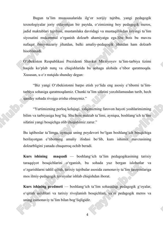 langan va davom ettirilgan. ushbu jarayonda boshlang‘ich ta’lim muhim o‘rin egallaydi, chunki bu bosqichda shaxsning dunyoqarashi, fikrlashi, bilimga nisbatan munosabati, o‘qishga bo‘lgan qiziqishi, mehnatsevarlik, tartib-intizom kabi asosiy hayotiy ko‘nikmalari shakllanadi. boshlang‘ich ta’lim pedagogikasi qadim zamonlardan beri mavjud bo‘lib, u har bir jamiyatda o‘zining siyosiy, iqtisodiy, diniy va madaniy xususiyatlariga qarab rivojlanib borgan. dastlab ta’lim og‘zaki shaklda, ya’ni kattalar tajribasini bolalarga uzatish ko‘rinishida bo‘lgan. keyinchalik esa, yozuvning paydo bo‘lishi, ijtimoiy tabaqalanish, diniy e’tiqodlarning kuchayishi bilan birga boshlang‘ich ta’lim ham murakkablashib bordi, maktablar va dars beruvchi shaxslar — o‘qituvchilar paydo bo‘ldi. turli davrlar va mintaqalarda boshlang‘ich ta’lim o‘ziga xos shakllarda namoyon bo‘lgan. masalan, qadimgi misr, hindiston, xitoy va shumer sivilizatsiyalarida bolalar uchun alohida maktablar tashkil etilib, diniy va amaliy bilimlar o‘rgatilgan. qadimgi yunon va rimda esa shaxsni har tomonlama rivojlantirishga yo‘naltirilgan ta’lim tizimlari mavjud bo‘lgan. ularning pedagogik qarashlari keyingi davrlar uchun asos bo‘lib xizmat qilgan. islom dini kirib kelgach, ayniqsa musulmon sharqida, …