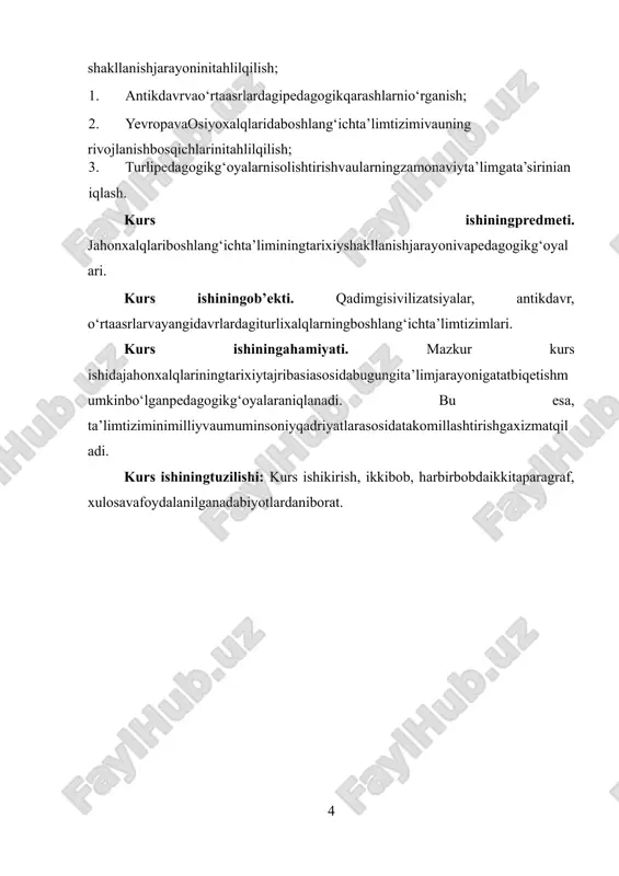 a’limdiniy-falsafiyxaraktergaegaedi. o‘quvchilargurukuladebataluvchimuassasalardaustozlarrahbarligidayashab, hartomonlamatarbiyalangan. ulardiniymadhiyalar, urf-odatlar, ilohiyot, grammatika, san’atvafalsafanio‘rganishgan. ta’limningustuvormaqsadiruhiytozalikkaerishish, intizomlivairodalishaxsyetishtirishbo‘lgan. shuningdek, qadimgiyunonvarimdahamboshlang‘ichta’limningilkko‘rinishlarimavjudedi. yunonistondaerkinfuqarolarfarzandlariuchunmaktablartashkiletilib, u yerdagrammatika, musiqiytarbiya, gimnastikavafalsafafanlario‘rgatilgan. bu ta’liminsonnihartomonlamamukammalshaxssifatidashakllantirishgaqaratilganedi. rimdaesata’limhuquq, ritorikavadavlatboshqaruviuchunzarurbo‘lganfanlarasosidatashkiletilganbo‘lib, amaliymaqsadlarko‘zlangan. ushbuqadimgisivilizatsiyalardagitajribalarshuniko‘rsatadiki, boshlang‘ichta’limhardoimjamiyattaraqqiyotiningasosiyharakatlantiruvchikuchibo‘lgan. u orqalinafaqatbilimvako‘nikmalar, balkijamiyatningaxloqiyme’yorlari, qadriyatlarivamadaniymerosiyangiavlodgayetkazilgan. bugungizamonaviyta’limtiziminingildizlariaynanshuqadimgitajribalargaboribtaqaladi. boshlang‘ichta’limtarixinio‘rganishorqaliinsoniyattafakkuri, madaniyativaijtimoiytaraqqiyotiningengmuhimjihatlarinianglashmumkin. qadimgisivilizatsiyalardata’limdastlabbolalarnihayotgatayyorlashvositasisifatidaqaralganbo‘lsa-da, keyinchalik u jamiyatningideologikasosinimustahkamlovchikuchgaaylangan. bu davrdata’limningshaklivamazmuniharbirjamiyatningijtimoiytuzilishi, diniye’tiqodlarivasiyosiyehtiyojlarigaqarabbelgilangan. masalan, qadimgimisrdayozuvchilar, ruhoniylar, muqaddasmatnlarnitushunadiganbilimdonshaxslarjamiyatdajudakattaobro‘gaegabo‘lgan. bu holatta’limningelitagaqaratilganini, kengommagamo‘ljallanmaganiniko‘rsatadi. bolalarmaxsusmaktablarda, ko‘pinchaibodatxonalarqoshidasaboqolgan. o‘quvdasturlaridaiyeroglifyozuvi, arifmetika, me’moriychizmalarvadiniymatnlarniyodlashasosiyo‘rinegallagan. xuddishungao‘xshashholatbobilsivilizatsiyasidahamkuzatiladi. bu yerdata’limmehnatvaboshqaruvfa