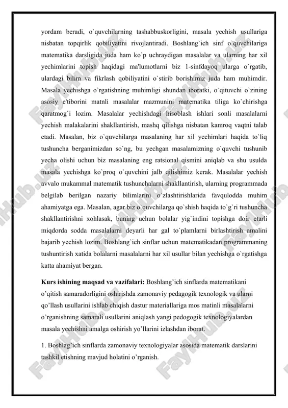 nchalaridan biri arifmetik amallar haqidagi tushuncha va boshqa bir qator tushunchalar shakllanadi. sodda masalalarni yecha olish o`quvchilarning murakkab masalalarni yechish uquvini egallashlarida tayyorgarlik bosqichi bo`ladi, chunki murakkab masalalarni yechish qator sodda masalalarni yechishga keltiriladi. sodda masalalarni yechayotganda masala bilan va uning tarkibiy qismlari bilan birinchi bor tanishiladi. sodda masalalarni yechish munosabat bilan o`quvchilar masala ustida ishlashning asosiy usullarini egallaydi. shu sababli o`qituvchi har bir turdagi sodda masalalar ustida qanday ish olib borishni bilishi juda muhimdir. [footnoteref:3]bolalar eng oldin tanishadigan dastlabki masalalar, bolalar uchun tushunarli bo`lishi kerak. yig`indi va qoldiqni topishga doir masalalar jumlasiga kiradi, bunday masalalarni yechish bilan tanishtirishni parallel oolib borish maqsadga muvofiq. bunday masalarga quyidagi masalalar namuna bo`ladi: 1.malika ikkita qo`g`irchoq va bitta koptok rasmini chizdi. malika nechta o`yinchoq chasmini chizgan? [3: jumayev m. e., tadjieva z. g’. “boshlang’ich sinflarda matematika o’qitish metodikasi” toshkent, 2005 yil ] 2.stol ustida 5 ta katak va shuncha bir chiziqli daftar bor. …