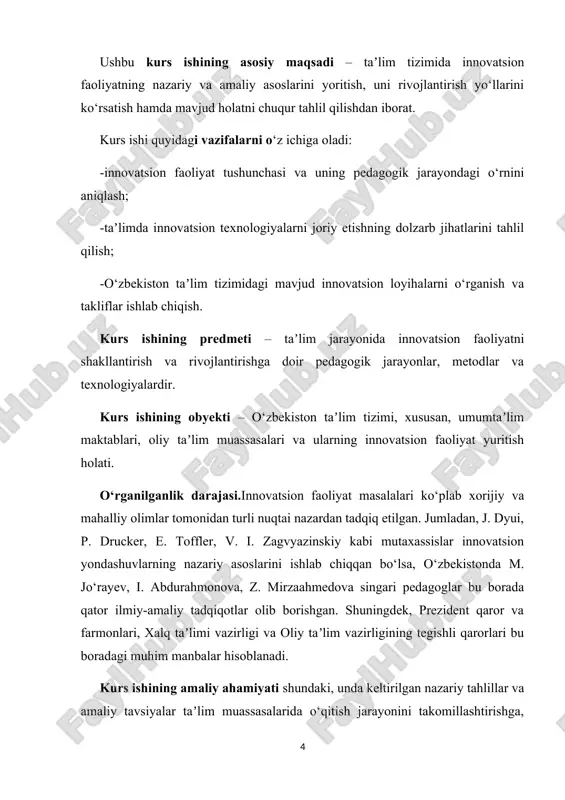 lki uni amaliyotga muvaffaqiyatli joriy etish jarayonidir.[footnoteref:3] [3: l.a.muxtarova boshlang‘ich ta’lim pedagogikasi, innovatsiya va integratsiyasi “nif msh” -toshkent 2023. isbn 978-9910-9636-6-7 166-b. o‘quv qo‘llanma] “innovatsion faoliyat” esa – ilmiy, texnologik, ijtimoiy yoki boshqa sohalarda yangilik yaratish, ularni ishlab chiqish, joriy etish va rivojlantirish bilan bog‘liq kompleks harakatlar majmuasi hisoblanadi. bu faoliyatning asosiy maqsadi – mavjud tizim va jarayonlarni takomillashtirish, samaradorligini oshirish va zamon talablariga moslashtirishdan iborat.pedagogik sohada innovatsion faoliyat – bu o‘quv jarayoniga ilg‘or g‘oyalar, zamonaviy pedagogik texnologiyalar, o‘quv-uslubiy vositalar va metodikalarni joriy qilish orqali ta’lim sifati va samaradorligini oshirishga yo‘naltirilgan faoliyatdir. bunda o‘qituvchining ijodiy yondashuvi, yangilikka intilishi va tajriba almashishga tayyorligi hal qiluvchi rol o‘ynaydi. innovatsion faoliyatning muvaffaqiyati ko‘p jihatdan ushbu yangiliklarning qanchalik muhim, hayotiy ehtiyojlarga javob beruvchi va amaliy jihatdan tatbiq etilishi mumkinligiga bog‘liqdir. shu bois, har qanday innovatsiya zamonaviy talablar, pedagogik ehtiyojlar va o‘quvchilarning real sharoitlarini inobatga olgan holda ishlab chiqilishi lozim. innovatsion faoliyat — bu yangilik …