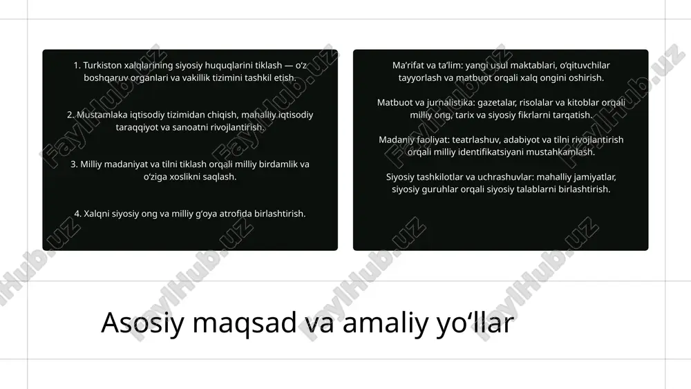boshqaruv shaklini turkistonda ham joriy etishni istashgan. natijada bu gʻoyalar turkiston muxtoriyati (1917–1918) tashkil topishida o‘z ifodasini topdi. muxtoriyatda parlament saylovi, hukumat tuzilishi va konstitutsion boshqaruv elementlari joriy etildi. bu holat jadidlarning siyosiy tafakkur darajasi, milliy uyg‘onish va demokratik qadriyatlarga sadoqatini yaqqol ko‘rsatib berdi. milliy davlatchilik va demokratiya gʻoyasi presented by larana group xulosa: turkistondagi jadidchilik harakati milliy ozodlik, ma’rifat, ijtimoiy adolat, diniy islohot va milliy davlatchilik g‘oyalari asosida shakllanib, xalqni siyosiy, madaniy va ma’naviy jihatdan uyg‘otishga xizmat qildi. jadidlar turkistonni jaholat, qaramlik va mustamlakachilikdan xalos etish, uni zamonaviy, mustaqil va demokratik jamiyat sifatida taraqqiy ettirishni maqsad qilganlar. ularning siyosiy g‘oyalari keyinchalik turkiston muxtoriyati va hozirgi o‘zbekiston mustaqilligi g‘oyalariga zamin yaratgan tarixiy hodisa bo‘ldi. image1.jpeg image2.jpeg image3.jpeg image4.png image5.svg image6.jpeg image7.jpeg image8.jpeg image9.jpeg /docprops/thumbnail.jpeg