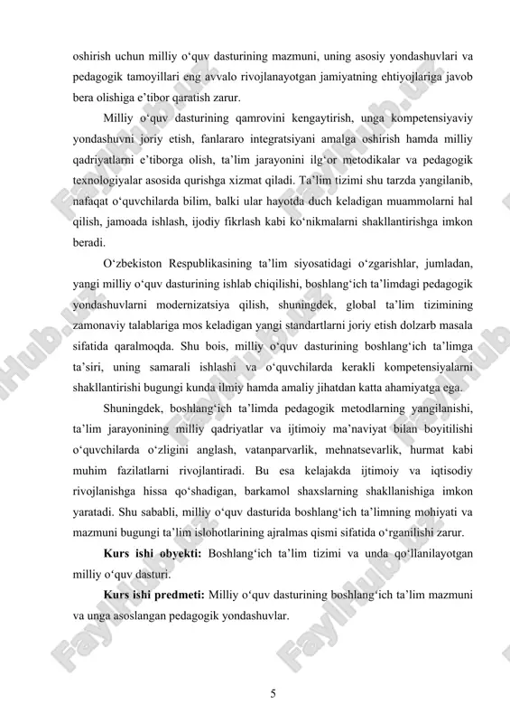 iy oʻquv dasturining asosiy tamoyillari 1.1 boshlangʻich ta’limning ijtimoiy-pedagogik ahamiyati va maqsadi boshlang‘ich ta’lim — bu bolaning maktabga kirgan paytidan to o‘rta ta’limning navbatdagi bosqichiga o‘tguncha davom etadigan ta’lim davridir. bu bosqich, odatda, 1–4-sinflarni qamrab oladi va o‘quvchilarga dastlabki umumiy bilimlar, ko‘nikma va malakalarni shakllantirishga qaratilgan. boshlang‘ich ta’lim bolalarning tafakkurini, nutqini, muloqot madaniyatini, mustaqil ishlash va o‘rganish qobiliyatini rivojlantirish uchun zarur psixopedagogik shart-sharoitlarni yaratadi. shu boisdan, bu bosqich har qanday ta’lim tizimining poydevori hisoblanadi. aynan boshlang‘ich ta’limda bola ilk bor ta’lim-tarbiyaning qat’iy tizimli shakliga kiradi, muayyan ijtimoiy va axloqiy me’yorlar asosida faoliyat yuritishni o‘rganadi. o‘zbekiston respublikasining “ta’lim to‘g‘risida”gi qonunida ham ta’limning barcha bosqichlari, xususan, boshlang‘ich ta’limga alohida e’tibor qaratilgan. unda aytilishicha, boshlang‘ich ta’lim o‘quvchilarning umumiy bilimga bo‘lgan ehtiyojlarini qondirish, ularni muloqot, nutq, savodxonlik, axborot bilan ishlash, mehnat va texnik ko‘nikmalarga tayyorlash, mustaqil fikrlashga o‘rgatish kabi maqsadlarni ko‘zlaydi. bu esa o‘z navbatida boshlang‘ich ta’limni nafaqat akademik, balki tarbiyaviy va psixologik jihatdan …