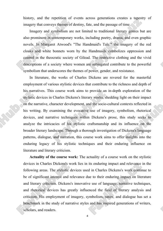 xploration and analysis of the literary techniques and elements employed by dickens in his writing. this research seeks to delve into the various stylistic devices such as imagery, symbolism, satire, and rhetorical techniques utilized by dickens in his novels. the primary objective is to comprehensively investigate how these stylistic devices contribute to the development of characters, creation of vivid settings, and the conveyance of complex themes and messages within his narratives. furthermore, the research aims to analyze the impact of dickens's stylistic choices on the overall storytelling, and how they contribute to the emotional engagement and intellectual depth of his works. by understanding and examining the intricate ways in which dickens employed stylistic devices, this research seeks to provide a richer understanding of his literary genius, the reception of his work, and the enduring relevance of his writing in the broader literary canon. ultimately, the aim is to contribute to …