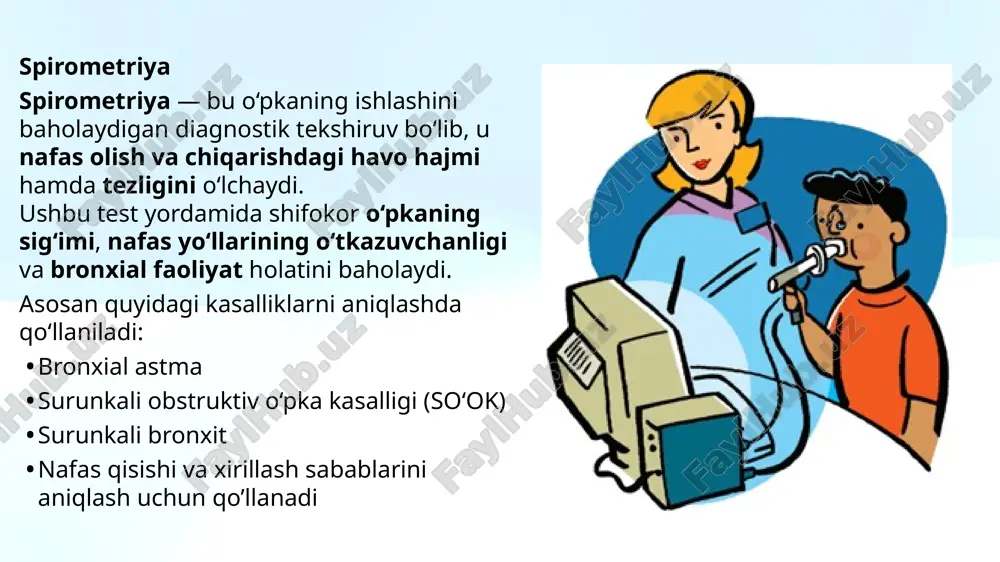 onxitda). fvc deyarli o‘zgarishi mumkin, lekin fev₁ juda kamaygan bo‘ladi. fev₁/fvc < 70 %. ➡️ bu holatda havo chiqish qiyin, biroq kirish nisbatan oson bo‘ladi. 3. restrictive (restriktiv, ya’ni o‘pka hajmi kamaygan holat) egri shakli normalga o‘xshash, lekin kattaligi kichraygan — ya’ni hajm kam. o‘pkaning kengayish imkoniyati kamaygan (masalan, pnevmoskleroz, fibroz, o‘pka siqilishi holatlarida). fev₁ va fvc ikkalasi ham kamayadi, ammo ularning nisbati (fev₁/fvc) odatda normal yoki yuqoriroq (≥ 80 %) bo‘ladi. ➡️ bu holatda havo tez chiqadi, lekin chiqadigan hajm oz, chunki o‘pka to‘liq to‘lishmaydi. pnevmotaxometriya nima? pnevmotaxometriya — bu nafas chiqarish va olish paytidagi havo oqim tezligini (sekundiga litrda) o‘lchaydigan funksional testdir. ya’ni, bu test nafaqat o‘pka hajmini, balki bronxlar orqali havo o‘tish tezligini baholaydi. 2. maqsadi nafas yo‘llarining torayish yoki kengayish darajasini aniqlash bronxospazm (bronxlarning qisqarishi) darajasini baholash bronxial astma, surunkali bronxit, obstruktiv o‘pka kasalliklari diagnostikasida foydalaniladi 3. qanday o‘tkaziladi bemor og‘ziga maxsus pnevmotaxometr asbobining trubkasini oladi. …