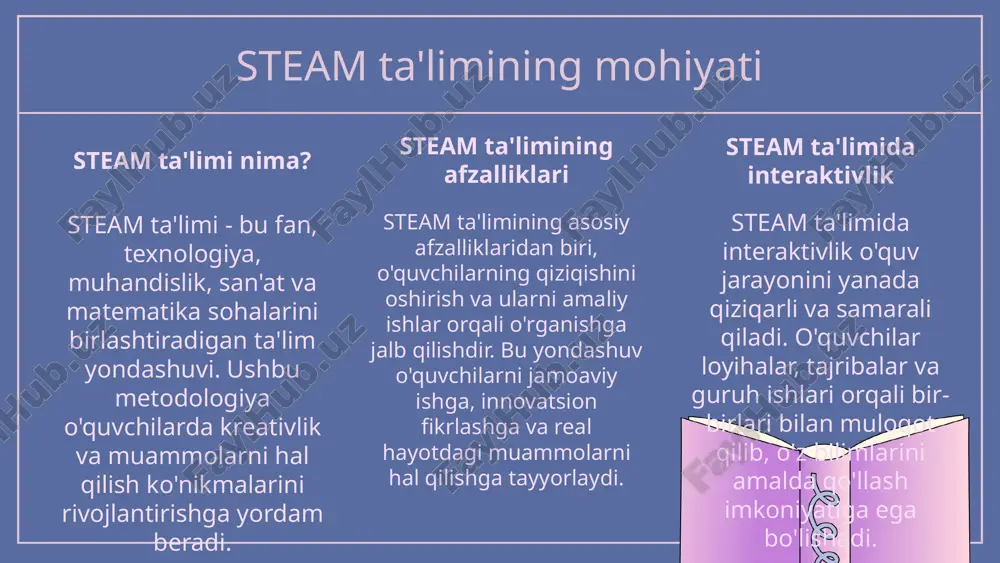 ishga va ularning ijodiy salohiyatini rivojlantirishga yordam beradi. texnologiyalar, ta'lim jarayonida muhim rol o'ynaydi. masofaviy ta'lim platformalari, onlayn resurslar va interaktiv dasturlar, o'quvchilarga bilim olish jarayonini yanada qulay va samarali qilish imkonini beradi. bu texnologiyalar, o'qituvchilarga darslarni yanada qiziqarli va interaktiv o'tkazish imkonini yaratadi. innovatsion yondashuvlarning ta'limda ahamiyati shundaki, ular o'quvchilarning bilim va ko'nikmalarini oshirishga yordam beradi. bu yondashuvlar, o'quvchilarning o'z-o'ziga ishonchini oshiradi va ularni kelajakdagi kasbiy faoliyatlariga tayyorlaydi. shuningdek, ta'lim jarayonida innovatsiyalar, o'quvchilarning ijtimoiy ko'nikmalarini rivojlantirishga ham yordam beradi. texnologiyalarning roli natijalar va ahamiyat yuqori sifatli ta'lim resurslar yetishmasligi xalqaro hamkorlik iqtisodiy noaniqlik o'zbekiston ta'lim tizimida steam yondashuvi o'ziga xos sifatlarni taqdim etadi. ta'lim tizimida resurslar va infratuzilma yetishmaydi, bu o'qitishni qiyinlashtiradi. xalqaro ta'lim muassasalari bilan hamkorlik o'zbekiston ta'limini rivojlantirishga yordam beradi. iqtisodiy noaniqlik ta'lim tizimiga salbiy ta'sir ko'rsatishi mumkin. s w o t interaktiv o'qitish usullari 1. guruh muhokamalari - talabalar birgalikda muayyan mavzuda fikr almashadilar. bu usul, …