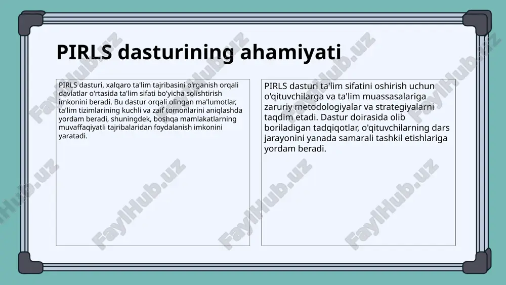 larini baholash uchun testlar tayyorlanadi. 2-bosqichda, o'qituvchilar va o'quvchilar baholash jarayoniga tayyorgarlik ko'rishadi. 3-bosqichda, baholash o'tkaziladi, bu jarayonda o'quvchilar o'z bilimlarini ko'rsatadilar. 4-bosqichda, olingan natijalar tahlil qilinadi va o'qituvchilarga o'quvchilarning kuchli va zaif tomonlarini aniqlashda yordam beradi. 5-bosqichda, natijalar asosida ta'lim jarayonini yaxshilash uchun tavsiyalar ishlab chiqiladi. 6-bosqichda, o'qituvchilar va o'quvchilar uchun natijalar va tavsiyalar taqdim etiladi. har bir bosqichda o'qituvchilar va o'quvchilarning roli muhim ahamiyatga ega. o'qituvchilar baholash jarayonini boshqaradilar, o'quvchilarga yordam beradilar va natijalarni baholaydilar. o'quvchilar esa o'z bilim va ko'nikmalarini namoyish etishadi. o'qish ko'nikmalarini baholashda pirlsning ahamiyati pirls (progress in international reading literacy study) - bu xalqaro o'qish ko'nikmalarini baholash dasturi bo'lib, u 4-sinf o'quvchilarining o'qish qobiliyatini o'rganadi. ushbu tadqiqot natijalari ta'lim tizimlarining samaradorligini baholash va yaxshilashga yordam beradi. pirls dasturi global ta'lim standartlarini belgilaydi va mamlakatlar o'rtasida o'qish ko'nikmalarini taqqoslash imkonini beradi. bu o'quvchilar uchun o'qish ko'nikmalarini rivojlantirishda muhim ahamiyatga ega. o'qituvchilar va ta'lim muassasalari uchun …