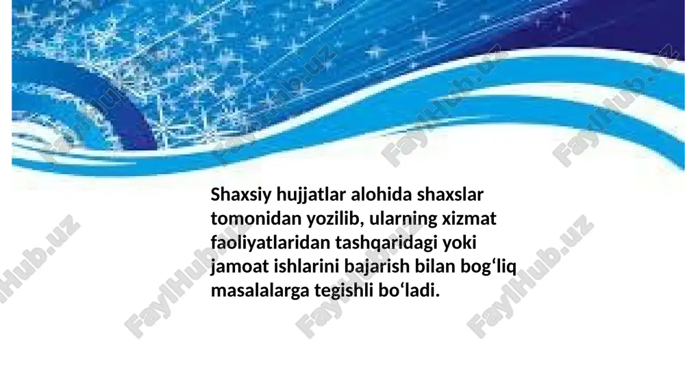 a qilinayotgan shaxsning xususiyatlari – mutaxassis sifatidagi malakasi, oilaviy, axloqiy jihatlari va faoliyatiga baho beriladi, u tavsiya etilayotgan lavozim yoki tashkilotga a’zo bo‘lishga munosib ekanligi yuzasidan ishonch bildiriladi.tavsiyanoma ba’zi xususiyatlarga ko‘ra tavsifnomaga o‘xshaydi, shu sababli ularning ko‘pchiligi tavsifiy-tavsiyanoma shaklda bo‘ladi. ular orasidagi asosiy farq shundaki, tavsifnomalarda shaxsningbarcha ijobiy, salbiy xususiyatlari qayd qilinadi. tavsiyanomalarda esa uning ijobiy xususiyatlari ko‘rsatilishi bilan birga, keyinchalik uning zimmasiga yuklatiladigan vazifani bajara olishiga ishonch bildiriladi va tavsiya etiladi.turli mukofatlarga taqdim etish – taqdimnoma (xodataystvo) ham tavsiyanoma shaklida bo‘ladi.tavsiyanomaning asosiy zaruriy qismlari:hujjatning nomi (tavsiyanoma).matn.tavsiyanoma beruvchi shaxsning lavozimi, ismi, otasining ismi, familiyasi.imzo.sana. mavzu : arizaning yozilish tartibi reja: 1.ariza nima uchun yoziladi. 2. arizaning. zaruriy qismlari 3. oddiy va murakkab arizalar haqida tavsif ariza biror muassasa, tashkilot, xo‘jalik yoki rahbar xodim nomiga iltimos, taklif hamda shikoyat mazmunida yoziladigan rasmiy hujjat hisoblanadi. hujjatlar ichida ariza ijtimoiy hayotimizdagi eng ko‘p qo‘llaniladigan rasmiy hujjatdir.oliy o‘quv yurtlari, kollejlar va litseylarda talabalar uyidan …