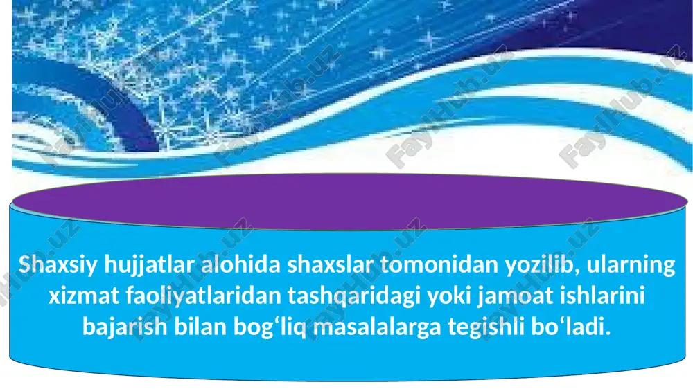 lantirish va boshqa hollarda) beriladi.tavsifnomada xodimning jamoatchilik va xizmat faoliyati, uning ishchanligi va axloqiy sifatlari ham ko‘rsatib o‘tiladi.tavsifnomaning asosiy zaruriy qismlari quyidagilardan iborat:tavsiflanayotgan shaxs haqida asosiy ma’lumotlar: a ) ismi, otasining ismi va familiyasi;b ) tug‘ilgan yili; v ) millati;g ) partiyaviyligi; d ) ma’lumoti;e ) lavozimi;yo ) ilmiy darajasi va unvoni;hujjat nomi (tavsifnoma).matn.imzolar.sanamuhr. tavsiyanoma.tavsiyanoma ma’muriyat yoki alohida shaxs tomonidan berilishi mumkin. tavsiyanoma matnida tavsiya qilinayotgan shaxsning xususiyatlari – mutaxassis sifatidagi malakasi, oilaviy, axloqiy jihatlari va faoliyatiga baho beriladi, u tavsiya etilayotgan lavozim yoki tashkilotga a’zo bo‘lishga munosib ekanligi yuzasidan ishonch bildiriladi.tavsiyanoma ba’zi xususiyatlarga ko‘ra tavsifnomaga o‘xshaydi, shu sababli ularning ko‘pchiligi tavsifiy-tavsiyanoma shaklda bo‘ladi. ular orasidagi asosiy farq shundaki, tavsifnomalarda shaxsningbarcha ijobiy, salbiy xususiyatlari qayd qilinadi. tavsiyanomalarda esa uning ijobiy xususiyatlari ko‘rsatilishi bilan birga, keyinchalik uning zimmasiga yuklatiladigan vazifani bajara olishiga ishonch bildiriladi va tavsiya etiladi.turli mukofatlarga taqdim etish – taqdimnoma (xodataystvo) ham tavsiyanoma shaklida bo‘ladi.tavsiyanomaning asosiy zaruriy qismlari:hujjatning nomi …