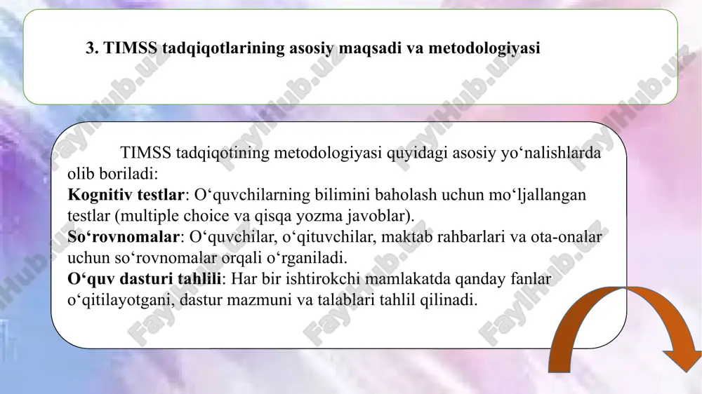 ivojlantirish yo‘llarini belgilashda muhim vosita hisoblanadi. o‘zbekistonning bu dasturdagi ishtiroki ta’lim tizimimizdagi muhim holatlarni ochib berdi. mazkur natijalardan kelib chiqib, boshlang‘ich ta’limda tizimli islohotlar, metodik va texnologik yangilanishlar zarur. ta’lim sifatini oshirishda faqat maktab emas, balki oila va jamiyat ham faol ishtirok etishi lozim. shundagina o‘quvchilarimiz xalqaro baholarda yuqori natijalarni qo‘lga kirita oladi. image1.jpg image2.jpg image3.jpeg image4.png image5.jpg image6.gif image7.jpg image8.jpg /docprops/thumbnail.jpeg