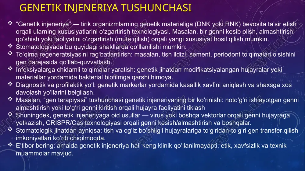 rat qilish (masalan, opg/rankl genlari yordamida). har bir misol bilan birga, ehtimoliy cheklovlar va muammolarni ham ko‘rsatish maqsadga muvofiq: hayvon modellarida natijalar bor, ammo inson klinikalarida keng qo‘llanilish hanuz murakkab. ushbu slaydda grafik yoki diagrammalar qo‘shish mumkin: misol uchun, gen aktivlangan materiallar ishlash sxemasi, implant bilan suyak integratsiyasi fotolari, dnk diagnostika jarayoni tasviri. image2.png image3.png /docprops/thumbnail.jpeg