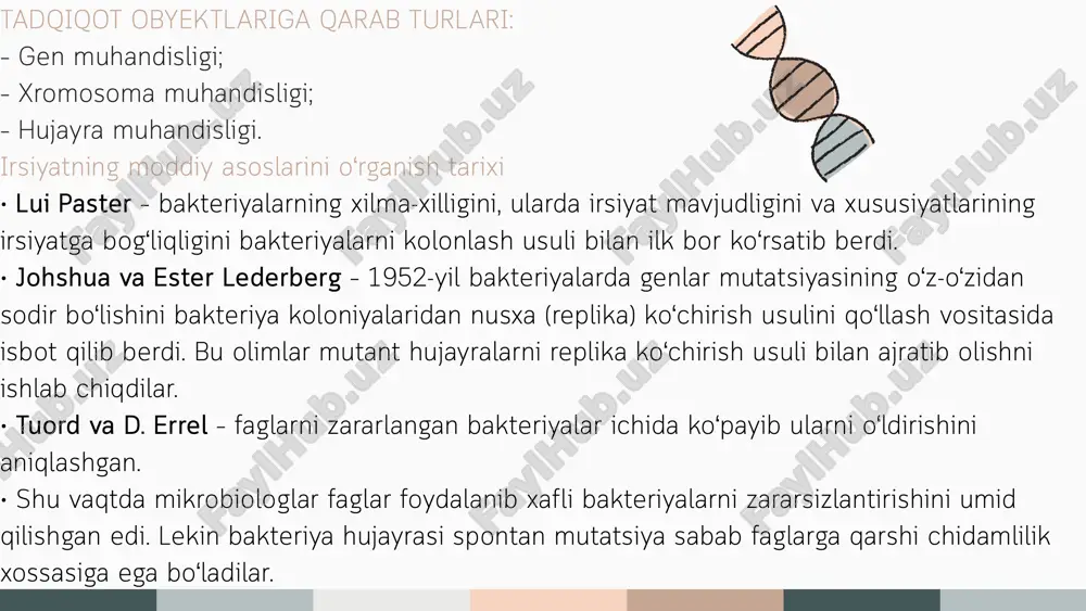 davolash usullarini yaratish. stomologiyada misollar: biologik moslashuvchan tish implantlari va protezlar. antimikrobiyal materiallar yordamida tish plakasiga qarshi himoya. stem hujayralarni biomaterial ustiga joylab tish va suyak regeneratsiyasi. foydali bakteriyalarni genetik modifikatsiya qilib og‘zaki mikroflorani sog‘lomlashtirish. stomatologiyada genetik injeneriya va biotexnologiya genetik injeneriya dnk darajasida ishlasa, biotexnologiya hujayralar va biomateriallar orqali stomatologik davolashni rivojlantiradi. ikki texnologiya birlashib, regenerativ stomatologiya va innovatsion davolash usullarini yaratadi. xulosa e'tiboringiz uchun rahmat!