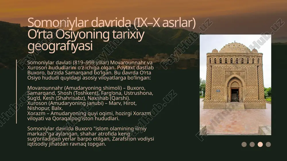 sh tizimlari buzildi; ko‘plab aholi punktlari yo‘qoldi; savdo yo‘llari uzildi. shunga qaramay, mo‘g‘ullar hukmronligi davrida (xiii–xiv asrlar) ilxoniylar, chig‘atoy ulusi kabi siyosiy birliklar shakllandi. movarounnahr chig‘atoy ulusiga qarashli bo‘lib, poytaxti samarqand edi. sug‘orish inshootlari buzilib, amudaryoning yo‘nalishi o‘zgargan, ko‘plab vohalar cho‘lga aylangan. bu holat xorazm va marv atrofida ayniqsa kuchli sezilgan. mo‘g‘ullar istilosi ekologik halokatga sabab bo‘lgan chingizxon vafotidan so‘ng, o‘rta osiyo chig‘atoy ulusiga kiritildi. samarqand va toshkent bu ulusning siyosiy markazlaridan biri edi. mo‘g‘ullar o‘rta osiyoni uluslar asosida bo‘lgan boshqaruvga ajratgan xiv asr o‘rtalarida o‘rta osiyoning tiklanishi xiv asr o‘rtalariga kelib, o‘rta osiyo mo‘g‘ullar hukmronligidan sekin-asta tiklana boshladi. ayniqsa samarqand, buxoro, toshkent, termiz, hirot kabi shaharlar qayta qurilib, iqtisodiy va madaniy hayot jonlandi. bu davrda amir temur (1336–1405) siyosiy maydonga chiqib, o‘rta osiyo hududini birlashtirish yo‘lida harakat qildi. xiv asr o‘rtalari va ikkinchi yarmi o‘rta osiyoning yangi siyosiy va geografik birlashuvi davriga tayyorgarlik bosqichi bo‘ldi. ilm-fan markazlari kengayishi buxoro …