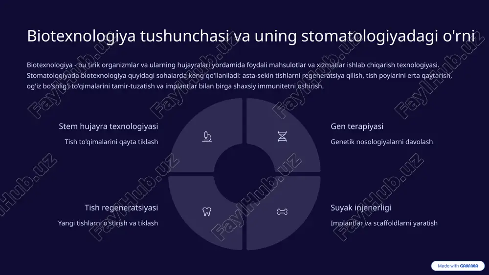 sinovlarda qatnashgan bemorlar qayta tikilanuvchi suyak va tish to'qimalarini o'stirish imkonini ko'rmoqda. kelajakda artificial tishlar, o'z-o'zidan oziqlanuvchan implantlar va genetik profilga asoslangan prevensiya tibbiyoti amaliyada bo'ladi. 1 yangilangan tishlarni o'stirishning yangi yo'llari stem hujayralardan to'liq tishlar yaratilashi bo'lajak 10-15 yilda mumkin bo'ladi 2 personalized implantlar har bir bemor uchun genetik va anatomik xususiyatlar hisobiga individual implantlar yaratiladi 3 saratonga qarshi gen terapiyasi og'iz bo'shlig'i saratoni davolashning tez-tez muvaffaqiyatli usullari ishlab chiqilmoqda 4 smart biomateriallar o'z-o'zidan dorilarni chiqaradigan va mikrobiologik jigariayliklarga javob beradigan implantlar 9 xulosa: bizni nimalar kutmoqda? stomatologiyada genetik injeneriya va biotexnologiya faqat ilmiy roy emas, balki real klinik amaliyot. genetik profillash tish kasalliklari riskini erkali aniqlash, gen terapiyasi burun uchun murakkab muammolarni yechish va biotexnologiya qayta tiklanish imkonini beradi. keyingi o'n yilda bu texnologiyalarning qo'llanilishi keng tarqaladi, shunchaki narxi kamaytiriladi. 2025-2030 stem hujayra implantlari klinik amaliyatga kiradi 2030-2035 gene therapy deyarli kariyesiz va parodontitdi oldini oladi 2035+ artificial …