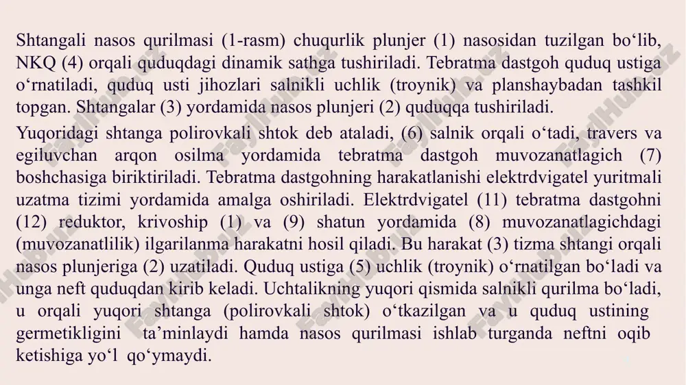 mlanadi. 9 4-rasm. nasosli quduqlarini yer usti jihozlari: 1-tizma flanetsi; 2-planshayba; 3-quvur; 4-yuqori mufta; 5-uchlik; 6-sal’nik; 7-sal’nikli shtok; 8-zichlovchi qopqoq. 5-rasmda arqonli ilgich nqai (normal qatorli arqonli ilgich) shtangali aylantirgich bilan tasvirlangan. shtangali aylantirgichlar smolali va parafinli neftlarni qazib olishda qo‘llaniladi. neft (suyuqlik) quduqdagi suyuqlik shtangali nasos orqali uchlikning yon ostidagi otma chiziqqa va undan keyin go‘k (guruhli o‘lchash qurilmasi) ga uzatiladi. uchlikning rez’basini tushirish ko‘tarish jarayonlarida himoyalash uchun unga maxsus flanets burab o‘rnatiladi, ya’ni u bir vaqtning o‘zida shtangali elevatorning tayanchi sifatida xizmat qiladi. sal’nik shtoki arqonli osilma yordamida kallakning muvozanatlagichiga ilinadi. arqonli osilma ikkita saqlab turgichdan, traversli ponadan iborat bo‘ladi, arqon va sal’nik shtoklar uchun mo‘ljallangan. sal’nikli shtok (6) ponali qamragich (9) qisqich yordamida yuqori traversga (1) osiladi, po‘lat (9) arqonning uchiga rolik orqali oshirilgan va qisuvchi plashkalarda muvozanatlagich dastgohning boshchasiga mahkamlangan pastki travers (15), nasos plunjeri tagidagi yuk shtanga va suyuqlik ustuni bilan hosil qilinadi, yuqori travers …
