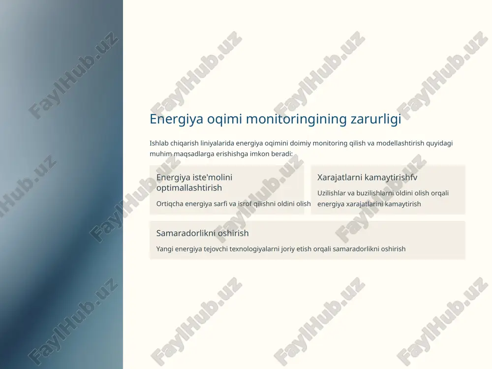 rni tejash." toshkent, fan, 2021. karimov, b. "ishlab chiqarish tizimlarida energiya oqimini modellashtirish va optimallashtirish." "energetika muammolari" jurnali, № 3, 2022. o'zbekiston respublikasi vazirlar mahkamasining energiya tejash bo'yicha qarorlari va me'yoriy hujjatlari. siemens energy management. "industrial energy efficiency handbook." (online resurs). mathworks. "matlab/simulink for power system modeling and simulation." (foydalanuvchi qo'llanmasi). 15 image-1-1.png image-3-1.png image-4-1.png image-5-1.png image-6-1.png image-7-1.png image-7-2.png image-7-3.svg image-7-4.png image-7-5.svg image-7-6.png image-7-7.svg image-8-1.png image-9-1.png image-10-1.png image-10-2.png image-10-3.svg image-10-4.png image-10-5.svg image-11-1.png image-11-2.png image-11-3.png image-11-4.png image-11-5.png image-12-1.png image-13-1.png image-13-2.png image-13-3.svg image-13-4.png image-13-5.png image-13-6.svg image-13-7.png image-13-8.png image-13-9.svg image-14-1.png