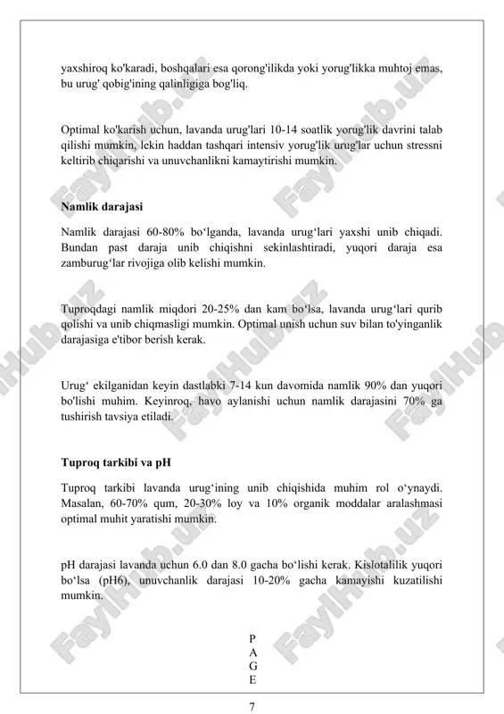 qlab qolishiga va fotosintez uchun kerakli yorug'likni olishiga imkon beradi. sug'orish usullari tomchilatib sug'orish - suvni to'g'ridan-to'g'ri o'simlik ildiziga yetkazib beruvchi samarali usul bo'lib, bug'lanishni kamaytiradi, suv sarfini 30-50 foizga tejaydi va kasalliklarni kamaytiradi. yomg'irlatib sug'orish - suvni osmondan yomg'ir kabi sepish orqali tuproq namligini ta'minlaydi, lekin shamol ta'sirida suvning notekis taqsimlanishi va 20 foizgacha suv yo'qotish xavfi mavjud. egatlarga sug'orish - suvni egatlar orqali o'simliklar yonidan oqizish orqali tuproqni namlash usuli bo'lib, bu suvni ko'p sarflaydi va tuproq eroziyasiga olib kelishi mumkin, ammo arzon va oddiy usul hisoblanadi. o'g'itlashning roli o'g'itlashning roli urug' qobig'ini yengillashtirish va suvning singishini oshirish orqali, ayniqsa qattiq qobiqli lavanda urug'lari uchun, unib chiqish tezligini 15-25% ga oshirishi mumkin. o'g'itlashda giberillin kislotasi (ga3) dan foydalanish embriyoning o'sishini rag'batlantiradi va tormozlaydigan moddalarni yo'q qiladi, natijada unib chiqish darajasi 30-40% ga ko'tariladi. urudlarni o'g'itlashda kaliy nitrat (kno3) eritmasidan foydalanish fermentativ faollikni oshiradi va metabolik jarayonlarni tezlashtiradi, bu …