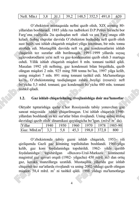 olish dinamikasi quyidagicha bo’lgan. (mlrd. m3 da). yillar 1940 1950 1960 1970 1978 1985-90 gaz. mlrd.m3 3,3 5,8 45,3 198,0 372,8 800 o’zbekistonda tabiiy gazni ishlab chiqarish, 1953- yili qizilqumda gazli gaz konining topilishidan boshlandi. 1960-yilga kelib, gaz koni foydalanishga topshirildi. 1962- yilda qurilib foydalanishga topshirilgan «buxoro-ural-markaz» kontinental magistral gaz quvuri orqali (1982- yilgacha) 450 mlrd. m3 dan ortiq gaz, kerakli manzillarga uzatildi. mustaqillik yillarida gaz ishlab chiqarish tez sur'atlarda rivojlandi va uning 2002-yildagi qazib olingan miqdori 58,4 mlrd. m3 ni tashkil qildi. 1998 yildagi ma'lumotlarga 5 ko’ra, o’zbekistonning tasdiqlangan gaz zahirasi (resursi) 5095 mlrd.m3 ni tashkil qiladi. 1.3. neft va gazni tashuvchi transport vositalarning rivojlanishi neft va gazni tashuvchi transport vositalarning rivojlanishi, neft va gaz ishlab chiqarishning rivojlanishi bilan uzviy bog’langan. xx asrning 17-yiliga qadar rossiyada diametri 203 mm. ga teng bo’lgan 1127 km. uzunlikdagi neft quvuri qurilgan. 1941-yilga kelib uning umumiy uzunligi 4100 km. ni tashkil qildi. 1940-yildan …