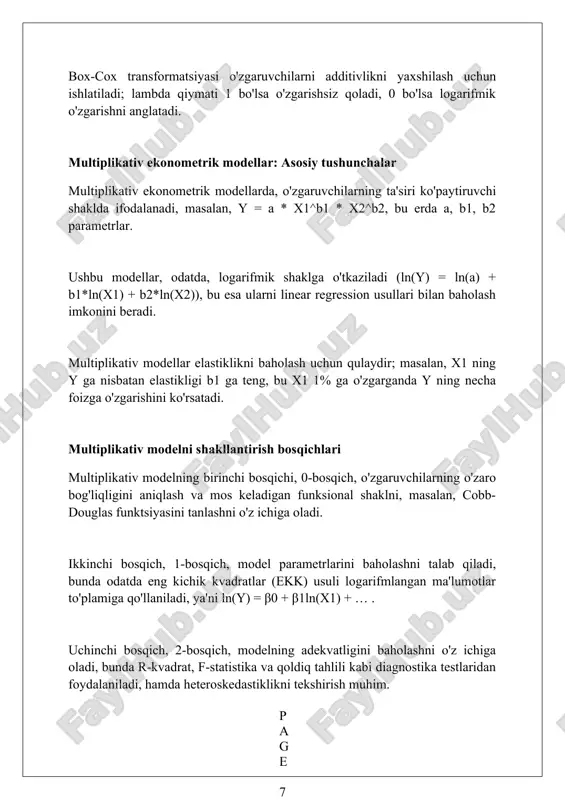 elishi mumkin. agar omillar o'rtasida 70-80% ga yaqin korrelyatsiya mavjud bo'lsa, additiv model xatoliklarga olib kelishi mumkin, chunki u o'zgaruvchilar orasidagi bog'liqlikni e'tiborsiz qoldiradi. multiplikativ modellarning afzalliklari va kamchiliklari multiplikativ modellarning afzalligi, koeffitsientlar elastiklikni aks ettirishi, ya’ni 1% o’zgarish natijasida bog’liq o’zgaruvchi qancha foizga o’zgarishini ko’rsatadi. kamchiligi, multiplikativ modelda xatoliklar variansi bog’liq o’zgaruvchi qiymatiga bog’liq bo’lishi mumkin, bu esa geteroskedastiklik muammosini keltirib chiqarishi mumkin. multiplikativ modellarni baholash uchun logarifmlash talab etiladi, bu esa nol yoki manfiy qiymatlarga ega bo’lgan o’zgaruvchilarni ishlatishda 1 katta cheklov hisoblanadi. amaliy misollar: additiv modellar sog'liqni saqlash xarajatlari additiv modelida, umumiy xarajatlar yosh, jins va daromad kabi alohida omillarning yig'indisi sifatida ifodalanadi, masalan 100+50+25=175 dollar. qishloq xo'jaligi mahsulotlarini additiv modelida hosildorlikni tahlil qilishda, sug'orish, o'g'itlash va quyosh nuri kabi omillar hosildorlikka alohida ta'sir ko'rsatadi, misol uchun 20+15+5=40 sentner. talabalarning imtihon ballarini baholashda additiv modeldan foydalanish, darsga qatnashish, uy vazifalarini bajarish va mustaqil o'qish vaqtini qo'shish orqali …
