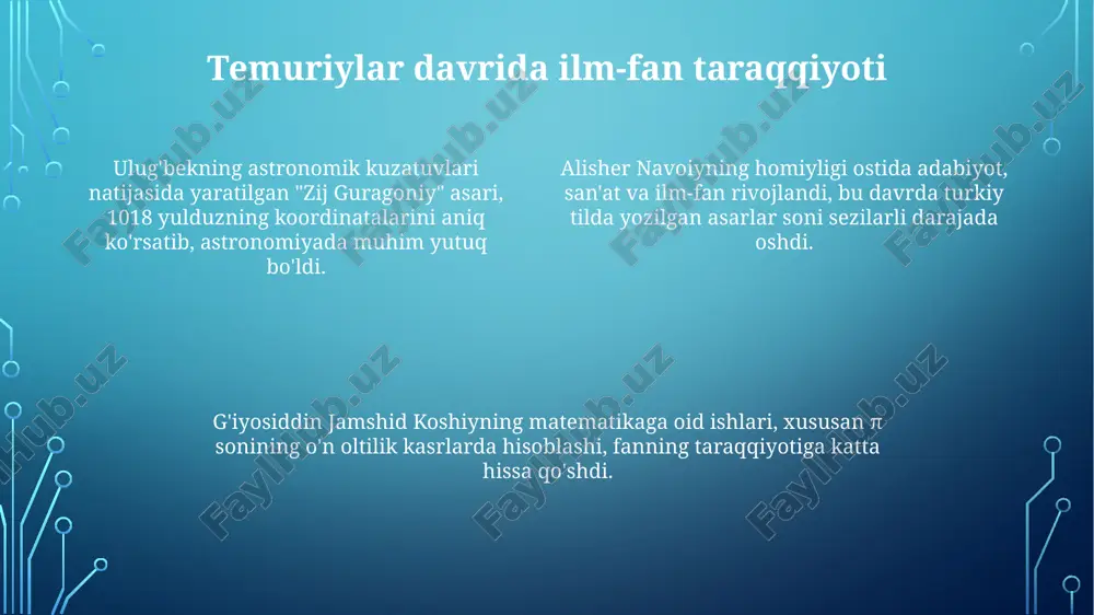mur davrida 12 ta asosiy maqom tizimi shakllandi, bu musiqa janrlarining rivojlanishiga katta ta'sir ko'rsatdi va cholg'u asboblarining takomillashuviga turtki berdi. temuriylar davrida saroy raqqosalari (kanizaklar) va sozandalar katta hurmatga sazovor bo'lgan. ular san'ati tantanavor marosimlar va bayramlarning muhim qismi edi. temuriylar davrida huquq va falsafa temuriylar davrida fiqh ilmi rivojlanib, “sharh ul-viqoya” kabi asarlar yozildi. bu asarlar hanafiylik mazhabining huquqiy masalalarini chuqur o'rganishga bag'ishlangan edi. falsafada ibn sinoning ta’limoti keng tarqaldi. uning “tib qonunlari” asari tibbiyotda muhim ahamiyatga ega bo'lib, tibbiyot amaliyotida qo'llanildi. temur tuzuklari davlat boshqaruvida huquqiy asos bo'lib xizmat qildi. unda adolat, qonuniylik va xalq manfaatlariga e'tibor qaratish tamoyillari belgilab qo'yilgan edi. tasavvufiy ta'limotlarning tarqalishi xiv-xv asrlarda naqshbandiya tariqati keng tarqaldi, uning asosiy g‘oyasi - zikrni maxfiy bajarish, dunyoviy ishlarga aralashmaslik tamoyili bo‘lgan. xoja ahror valiyning faoliyati tasavvufiy ta’limotlarning rivojlanishiga katta ta’sir ko‘rsatdi, u samarqandda markazlashgan diniy maktab yaratdi. yassaviya tariqati o‘zining axloqiy-ta’limiy qarashlari bilan xalq orasida …