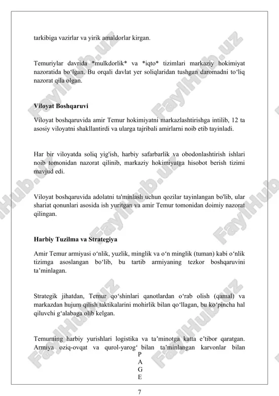 iplomatiya va xalqaro aloqalar amir temur davlati 1402-yilda anqara jangida usmonlilar imperiyasini mag'lub etib, yevropa davlatlari bilan diplomatik aloqalarni o'rnatishga imkon yaratdi, bu esa savdo va siyosiy kelishuvlarga olib keldi. temuriylar davlati xorijiy elchilarni qabul qilishda qat'iy protokollarga amal qilgan. masalan, elchilar maxsus saroylarda joylashtirilgan va amir temur bilan uchrashuvlar oldindan belgilangan qoidalar asosida o'tkazilgan. temuriylar davlati o'zaro manfaatli savdo aloqalarini rivojlantirish uchun qo'shni davlatlar bilan savdo shartnomalarini tuzgan. masalan, oltin o'rda va mamluklar davlati bilan savdo yo'llari muhim ahamiyatga ega bo'lgan. huquqiy tartibot va adliya temuriylar davrida huquqiy tartibot islom shariatiga asoslangan bo'lib, "qonunnoma" kabi kodekslar orqali tartibga solingan, bu esa adliya tizimini mustahkamlashga xizmat qilgan. adliya tizimi qozilar orqali amalga oshirilgan, ular mahalliy qonunlarni va urf-odatlarni hisobga olgan holda hukm chiqarganlar, bu esa xalqning huquqiy himoyasini ta'minlagan. huquqbuzarliklar uchun jazo choralari turlicha bo'lgan, moliyaviy jarimalardan tortib qatl jazosigacha, bu esa jamiyatda tartibni saqlash va jinoyatchilikning oldini olishga qaratilgan …