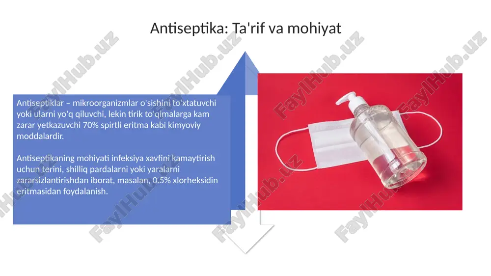 ilmoqda, ular operatsiya xonasida havodagi mikroorganizmlarni real vaqtda 99.9% aniqlikda aniqlaydi. misollar va amaliy qo'llanilishi jarrohlik amaliyotlarida antiseptik sifatida 70% li spirt teri yuzasini dezinfeksiya qilish uchun qo'llaniladi, bu esa operatsiya davomida infektsiya xavfini kamaytiradi. aseptika usullariga misol: steril tibbiy asboblardan foydalanish va 121°c da 15 daqiqa davomida avtoklavlash, bu barcha mikroorganizmlarni yo'q qiladi. xulosa xulosa shuni ko'rsatadiki, antiseptiklar mikroorganizmlarning o'sishini inhibe qiladi, lekin har doim ham ularni yo'q qilmaydi, foydalanish 0,1% dan 4% gacha konsentratsiyalarda maqbul natija beradi. aseptika - bu steril muhitni saqlash bo'yicha kompleks choralardir, 19-asrda jozef lister tomonidan jarrohlik amaliyotiga kiritilgan va infektsiyalanish darajasini 50% ga kamaytirishga yordam bergan. e'tiboringiz uchun rahmat image3.png image4.jpg image5.jpg image6.jpg image7.jpg image8.jpg image9.jpg image10.jpg image11.jpg image12.jpg image13.jpg image14.jpg image15.jpg image16.jpg image17.jpg image18.png image19.jpg image20.jpg image21.jpg image1.jpeg image2.jpeg