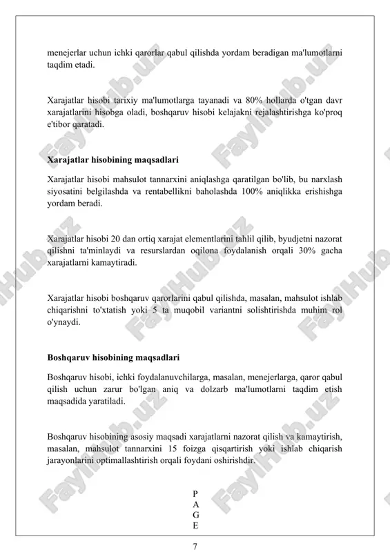 beradi. budjetlashtirish va xarajatlarni nazorat qilish budjetlashtirish jarayoni kompaniyaga kelgusi davr uchun 20% foyda marjasiga erishishga qaratilgan maqsadlarni aniq belgilash imkonini beradi. xarajatlarni nazorat qilishda 10% gacha tejamkorlikka erishish uchun standart xarajatlar bilan haqiqiy xarajatlar o'rtasidagi farqlar tahlil qilinadi. budjetlashtirish va xarajatlarni nazorat qilish birgalikda resurslarni maqsadli taqsimlashga yordam berib, 15% operatsion samaradorlikni oshirishga xizmat qiladi. standart xarajatlar hisobi va variatsiya tahlili standart xarajatlar hisobi 1 dona mahsulot uchun oldindan belgilangan xarajatlardan foydalanadi, bu byudjetlashtirish va xarajatlarni nazorat qilish uchun erta bosqichda benchmarkni taqdim etadi. variatsiya tahlili haqiqiy xarajatlarni standart xarajatlar bilan solishtiradi, bu esa 5% dan ortiq farq kabi muhim farqlarni aniqlashga va ularni o'rganishga yordam beradi. ijobiy variatsiyalar (standartdan pastroq xarajatlar) 10% tejamkorlikni ko'rsatishi mumkin, ammo ular xomashyo sifatining pasayishi kabi yashirin muammolarni ham yashirishi mumkin. rentabellikni tahlil qilish rentabellikni tahlil qilishda sof foyda marjasi (misol uchun, 15%) baholanadi, bu har bir so'm daromadga qancha foyda to'g'ri kelishini …