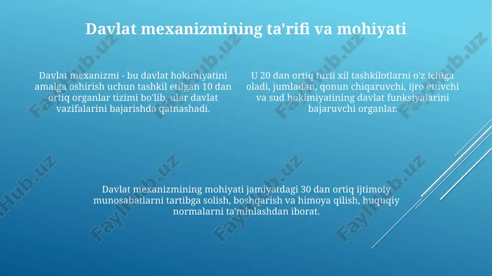 ga ta'sir ko'rsatadi. mahalliy o'zini o'zi boshqarish organlari mahalliy o'zini o'zi boshqarish organlari fuqarolarning konstitutsiyaviy huquqlarini ro'yobga chiqarishda, ayniqsa 30-modda doirasida, bevosita ishtirok etadi va ularning manfaatlarini himoya qiladi. mahalliy hokimliklar bilan hamkorlikda 500 dan ortiq vazifalarni amalga oshiruvchi mahalliy o'zini o'zi boshqarish organlari jamiyat hayotida muhim rol o'ynaydi va ko'maklashadi. o'zbekistonda mahalliy o'zini o'zi boshqarish organlari, jumladan, fuqarolar yig'inlari faoliyatining asosiy yo'nalishlari 100 dan ortiq qonun hujjatlari bilan tartibga solinadi. fuqarolik jamiyati institutlarining davlat mexanizmidagi o'rni fuqarolik jamiyati institutlari saylovlarda kuzatuvchi sifatida qatnashib, 99.9% shaffoflik va qonuniylikni ta'minlashga yordam beradi. fuqarolik jamiyati institutlari davlat mexanizmini nazorat qilish va hisobdorlikni ta'minlashda muhim rol o'ynaydi, xususan 37 dan ortiq qonunlar orqali. nodavlat notijorat tashkilotlar va ommaviy axborot vositalari kabi institutlar davlat siyosatini shakllantirishda 50 foizgacha ko'proq ishtirok etadi. davlat mexanizmini takomillashtirish yo'llari davlat xizmatlarini raqamlashtirish, masalan, e-hukumat platformasini kengaytirish orqali, byurokratik to'siqlarni kamaytirish va shaffoflikni 30% ga oshirish mumkin. davlat boshqaruvida …