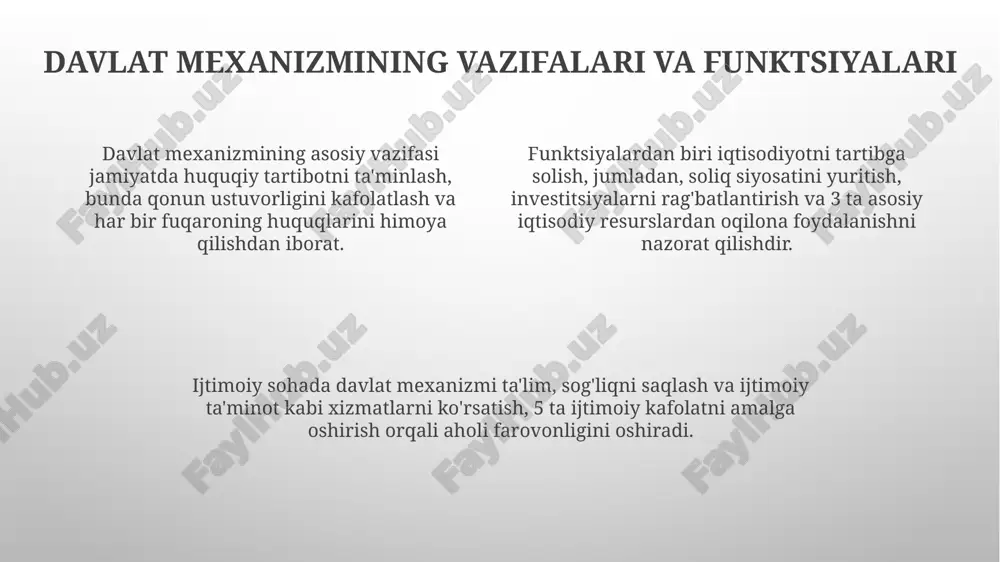 imiyati organlari mahalliy davlat hokimiyati organlari viloyat, tuman va shaharlarda xalq deputatlari kengashlari shaklida 3 yillik muddatga saylangan vakillardan tashkil topadi. mahalliy hokimiyat organlari qonunlar ijrosini ta’minlash, 10 dan ortiq mahalliy byudjet parametrlarini tasdiqlash va hududiy dasturlarni amalga oshirish uchun mas'uldirlar. o‘zbekiston respublikasi konstitutsiyasining 99-moddasiga muvofiq, mahalliy kengashlar hududning iqtisodiy va ijtimoiy rivojlanishini ta’minlash bo‘yicha qarorlar qabul qiladi. davlat xizmati va davlat xizmatchilari davlat xizmatining asosiy prinsiplaridan biri – bu qonuniylik bo'lib, barcha xizmatchilar 5 ta asosiy qonunga rioya qilishlari shart. davlat xizmati – bu davlat vazifalarini bajarishga qaratilgan professional faoliyat bo'lib, 10 dan ortiq qonunlar bilan tartibga solinadi. davlat xizmatchilari – davlat lavozimlarida ishlaydigan, 20 dan ortiq huquqlarga ega bo'lgan shaxslardir va ular maosh oladilar. davlat mexanizmining samaradorligini oshirish yo'llari davlat xizmatchilarining malakasini oshirish, jumladan, raqamli texnologiyalar bo'yicha treninglar tashkil etish orqali, davlat boshqaruvida 2.0 texnologiyalarini joriy etish samaradorlikni oshiradi. byurokratik to'siqlarni kamaytirish, litsenziyalash va ruxsat berish jarayonlarini soddalashtirish …