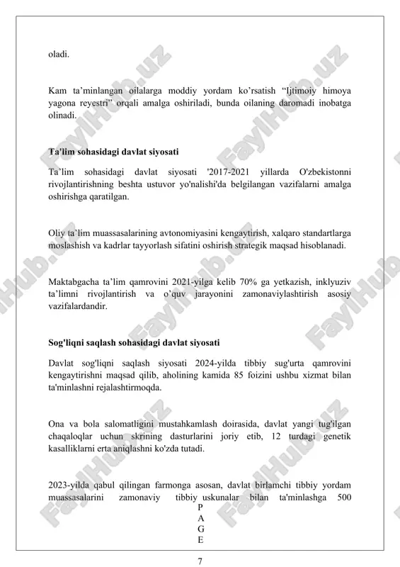 st stavkalar bilan. davlat uy-joy fondini modernizatsiya qilish va ta'mirlash dasturlari amalga oshirilmoqda, bunda kam ta'minlangan oilalarga ijtimoiy uy-joy ajratish imkoniyatlari ko'rib chiqiladi. madaniyat va sportni qo'llab-quvvatlash davlat madaniyat va sportni qo'llab-quvvatlash uchun har yili byudjetdan 1 trillion so'mdan ortiq mablag' ajratadi, bu sohalarning rivojlanishiga katta hissa qo'shadi. 2023-yilda davlat tomonidan 500 dan ortiq madaniy va sport tadbirlari tashkil etildi, shu jumladan xalqaro festivallar va musobaqalar o'tkazildi. o'zbekiston hukumati 2030-yilgacha madaniyat va sport sohasida 10 ta yangi dasturni amalga oshirishni rejalashtirmoqda, bu sohadagi islohotlarni jadallashtiradi. oila va bolalarni himoya qilish oila kodeksi oilaviy munosabatlarni tartibga soladi, shu jumladan, voyaga yetmagan farzandlarning huquqlarini himoya qilishning kafolatlarini belgilaydi. o'zbekistonda 14 yoshgacha bo'lgan bolalarga nafaqa to'lanadi, bu ularning ijtimoiy himoyasini ta'minlashga qaratilgan muhim davlat yordami hisoblanadi. ota-ona qaramog'isiz qolgan bolalarni davlat to'liq ta'minoti ostiga olish, ularga ijtimoiy va psixologik yordam ko'rsatish davlatning asosiy vazifasidir. ijtimoiy siyosatni moliyalashtirish manbalari davlat byudjeti ijtimoiy siyosatni moliyalashtirishning …