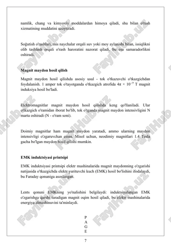 i magnit maydonini hosil qiladi. asinxron dvigatellarda rotorning aylanish tezligi (ns) statorning magnit maydoni tezligidan (ns) kichik bo'ladi; bu farq slip (s) deb ataladi va u dvigatelning ishlashi uchun zarur. sinxron mashinalar, odatda, qo'zg'atish o'rashiga ega bo'lib, unga doimiy tok beriladi. bu o'rash aylanuvchi magnit maydonni hosil qiladi va rotorning sinxron tezlikda (ns = 120f/p) aylanishini ta'minlaydi. transformatorlar: asosiy tushunchalar transformatorlar elektromagnit induksiya asosida ishlaydi, kirish kuchlanishini (v1) o'zgartirib, chiqish kuchlanishini (v2) hosil qiladi. asosiy o'ram (n1) va ikkilamchi o'ram (n2) nisbati kuchlanishni aniqlaydi. transformatorning ishlash printsipi o'zgaruvchan tok yordamida magnit oqimini yaratadi, bu esa ikkilamchi o'ramda eyuk (elekt yurituvchi kuch) induksiyalashiga olib keladi, energiya uzatilishini ta'minlaydi. transformatorlarda asosiy yo'qotishlar mis (i²r) yo'qotishlari va temir (gysteresis va uyurma toklar) yo'qotishlaridir. yuqori samaradorlikka erishish uchun bu yo'qotishlarni minimallashtirish katta ahamiyatga ega. yo'qotishlar va samaradorlik elektr mashinalarida yo‘qotishlar mis yo‘qotishlari (i²r), temir yo‘qotishlari (g‘alvir va histerezis), mexanik yo‘qotishlar (ishqalanish), va qo‘shimcha yo‘qotishlar …