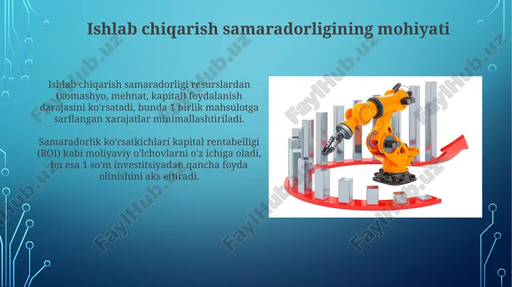 erishini ta'minlash uchun ishlab chiqarish jarayonida qilingan sistematik tekshiruvlar va o'lchovlardir. statistik sifat nazorati (sqc) usullari, masalan, nazorat kartalari, 6 sigma va namuna olish rejalaridan defektlarning 5 foizdan kam bo'lishini ta'minlash uchun foydalaniladi. misollar va amaliy tajriba misol: avtomobil zavodi 200 ishchi bilan 1000 ta mashina ishlab chiqaradi; samaradorlikni oshirish uchun 150 ishchi bilan 1200 ta mashina ishlab chiqarish ko'rsatkichga erishish mumkin. amaliy tajriba: toyota 1950-yillarda tps (toyota production system)ni joriy etib, ortiqcha chiqindilarni kamaytirdi va 50%ga samaradorlikni oshirib, lean ishlab chiqarishga asos soldi. xulosa xulosa qilib aytganda, ishlab chiqarish samaradorligini oshirish uchun 5s tizimi, umumiy uskunalarga xizmat ko‘rsatish (tpm) kabi usullardan foydalanish orqali resurslardan oqilona foydalanish muhim. ishlab chiqarish samaradorligini baholashda umumiy samaradorlik ko‘rsatkichi (oee) 90% dan yuqori bo'lishi kerak, ammo har bir kompaniya o‘z sohasiga mos bo'lgan optimal qiymatlarga erishishi lozim. e'tiboringiz uchun rahmat image4.jpg image5.jpg image6.jpg image7.jpg image8.jpg image9.jpg image10.jpg image11.jpg image12.jpg image13.jpg image14.jpg image15.jpg image16.jpg image17.jpg …
