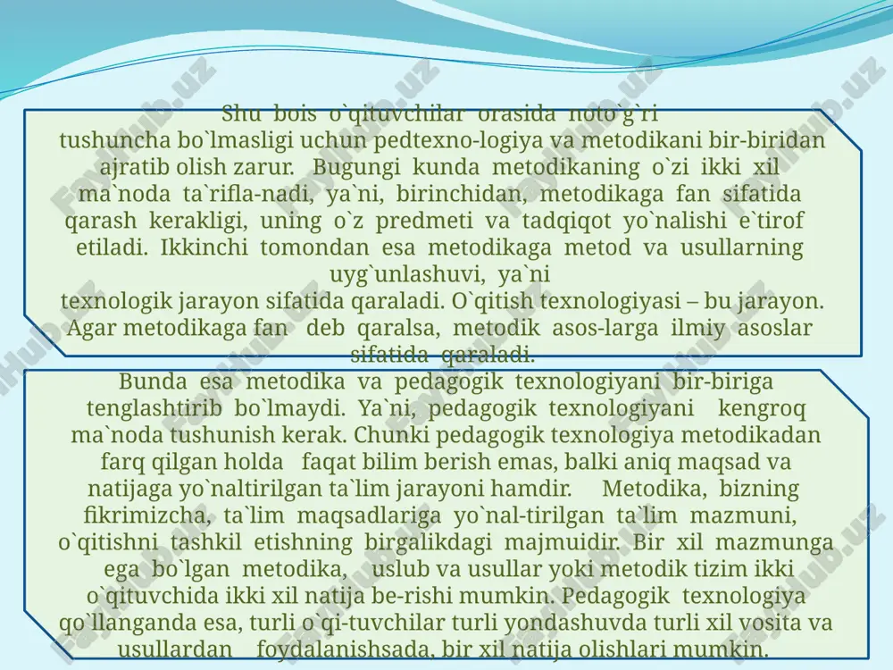 dqiq qiladi 2 maqsad komil insonni shakllantish alohida o`quv fanlarini o`qitish va tarbiyaviy ishlarni sifatli bo`lishini ta’minlash 3 qo`llash miqiyosi barcha ta’lim-tarbiya jarayonida xususiy fanlarni o`qitishda hamda tarbiyaviy ishlarda 4 vositalar barcha ta’limiy va tarbiyaviy vositalar xususiy metodikalar alohida o`quv fanlarini o`qitishda hamda tarbiyaviy ishlarda qo`llaniladigan vositalar 5 pedagogik jarayon ta’lim-tarbiya texnologiyasi asosida, ta’lim menejmenti va marketing asosida, ta’lim-tarbiya sohasidagi ilg`or tajribalarni umumlashtiruvchi loyihalar asosida rivojlanib boradi. yetarli tayyorgarlikka ega mutaxassislar tamonidan qo`llanganda o`zaro o`xshash natijalar olinishi ta’minlanadi. ta’lim-tarbiya metodikasi asosida ijodkor o`qituvchilarning ilg`or tajribalariga tayanib rivojlanadi. xususiy tajribalar asosida boyitib boriladi. pedagogik texnologiyaning tarkibiy qismi hisoblanadi har bir pedagogning natijasi har -xil bo`ladi. 6 natija kafolati oldindan belgilangan maqsadga erishish kafolati bor. oldindan belgilangan maqsadga har bir o`qituvchi o`z imkoniyatlariga muvofiq turli darajada erishadi. shu sababli talab darajasidagi natija kafolatlanmaydi. asosan ijodkor o`qituvchilargina yaxshi natijalarga erishadilar. 7 kelib chiqishi xususiy metodikalarning rivojlanishi natijasida kelib chiqqan. ta’lim tarbiyaning turli xususiy …