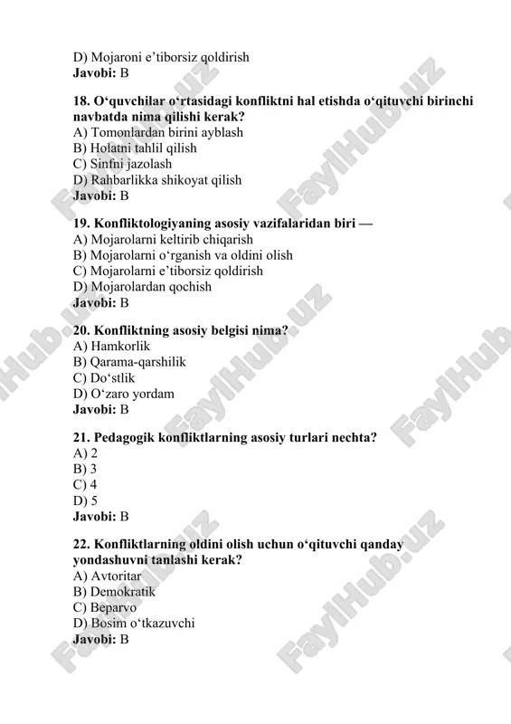 ro yumshaydi b) mojaro kuchayadi c) tomonlar ajraladi d) emotsiya oshadi javobi: a 40. konfliktni to‘g‘ri boshqarishning asosiy maqsadi — a) mojaroni ijobiy yo‘naltirish b) mojaroni cho‘zish c) mojaroni yashirish d) tomonlarni ajratish javobi: a 41. konfliktning asosiy turlari qaysilar? a) ichki va tashqi b) kichik va katta c) jiddiy va yengil d) hissiy va jismoniy javobi: a 42. o‘qituvchining “konfliktga kirishuvchanlik” darajasi deganda nima tushuniladi? a) mojaroga tez aralashish moyilligi b) konfliktni boshqarish mahorati c) sukut saqlash xatti-harakati d) boshqalarni ayblash darajasi javobi: a 43. konfliktning ijtimoiy sababi nimada bo‘lishi mumkin? a) ijtimoiy tengsizlik va adolatsizlik b) sinfda jimlik c) darslar muntazamligi d) o‘quvchilar faolligi javobi: a 44. “konfliktologiya” atamasi ilm-fanga kim tomonidan kiritilgan? a) l. koser b) z. freyd c) k. levin d) t. parsons javobi: a 45. mojaroni bartaraf etishda o‘qituvchining birinchi qadami? a) vaziyatni to‘liq tushunish b) jazolash c) bahslashish d) tomon tanlash javobi: a 46. …