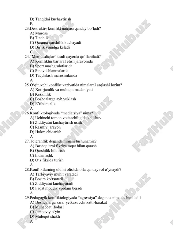 da sodir bo‘ladi? a) insident b) tashqi sabab c) qarama-qarshilik kuchayishi d) yechim a 42. konfliktni yechish strategiyasi qaysi turga kiradi? a) konstruktiv b) destruktiv c) passiv d) negativ a 43. konfliktni tahlil qilishda asosiy vosita: a) kuzatish va intervyu b) jazo c) sukut d) test a 44. konfliktni oldini olishda eng muhim omil: a) muloqot va ishonch b) jazo va ogohlantirish c) tanqid d) sukut a 45. pedagogik konfliktni kuchaytiradigan omillar: a) salbiy hissiyotlar va noto‘g‘ri muloqot b) hamkorlik va qo‘llab-quvvatlash c) fikr almashish d) o‘quv rejasi a 46. konfliktologiyada “kompromiss” deganda nimani tushunamiz? a) tomonlarning bir-biriga moslashuvi b) to‘qnashuvning kuchayishi c) zo‘ravonlik d) tinchlik saqlash a 47. konfliktni boshqarishning samarali yo‘li: a) murojaat qilish va murosa b) keskinlik c) jazo d) sukut a 48. konfliktning sabablarini aniqlash uchun qaysi metod ishlatiladi? a) tahlil va kuzatish b) baholash c) sport mashg‘uloti d) test a 49. konfliktning natijasi nimaga bog‘liq? …