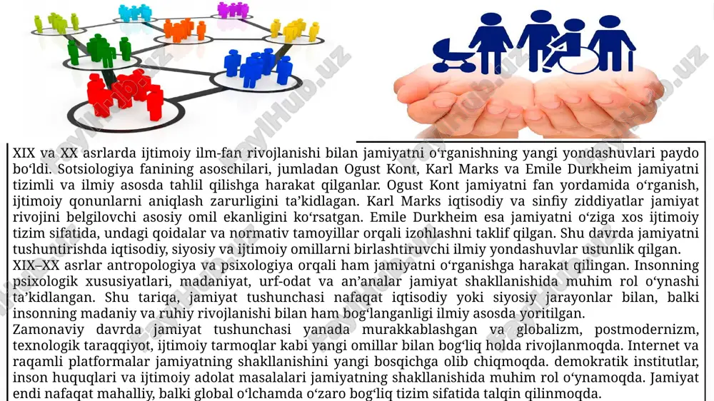 llarga alohida urg‘u beradi. o‘rta asrlar davrida yevropa va sharqda jamiyat tushunchasi feodal tizim va cherkov ta’siri ostida shakllangan. feodal jamiyatning ierarxik tuzilishi, qishloq va shahar aholisining o‘zaro munosabatlari, malik va xonlarning hokimiyati jamiyatning tuzilishini belgilagan. cherkov bu davrda nafaqat diniy, balki siyosiy institut sifatida ham faoliyat yuritgan. shu davr faylasuflari jamiyatni ko‘proq diniy va ijtimoiy ierarxiya kontekstida tushuntirgan. renessans davrida esa inson tafakkuri o‘zgarib, jamiyat tushunchasi erkinlik, aql va tabiiy huquqlar bilan bog‘liq qarashlar bilan boyigan. tomas hobbs jamiyatni ijtimoiy shartnoma asosida tashkil topgan tizim sifatida ko‘rsatgan bo‘lsa, jan-jak russo inson va jamiyat o‘rtasidagi tabiiy uyg‘unlikni asosiy tamoyil qilib olgan. jon lok jamiyatni shaxsning huquqlarini himoya qiluvchi institut sifatida talqin qilgan. ushbu qarashlar jamiyat tushunchasining qadimgi diniy va tabiiy yondashuvlardan ijtimoiy, siyosiy va huquqiy kontekstga o‘tishini ko‘rsatadi. xix–xx asrlarda ijtimoiy ilm-fanning rivojlanishi jamiyatni tizimli va ilmiy asosda o‘rganishga imkon yaratdi. ogust kont jamiyatni fan yordamida o‘rganish, ijtimoiy qonunlarni aniqlash …