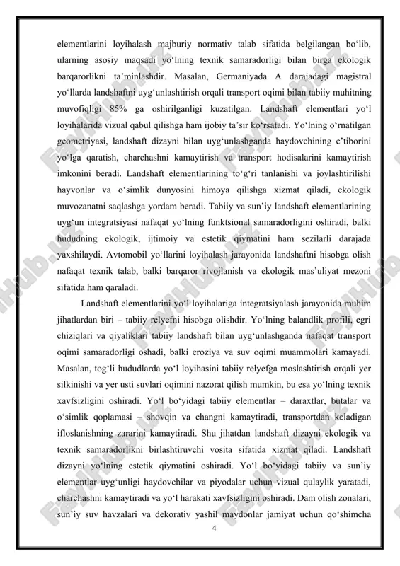 ng estetik qiymatini oshiradi. yo‘l bo‘yidagi tabiiy va sun’iy elementlar uyg‘unligi haydovchilar va piyodalar uchun vizual qulaylik yaratadi, charchashni kamaytiradi va yo‘l harakati xavfsizligini oshiradi. dam olish zonalari, sun’iy suv havzalari va dekorativ yashil maydonlar jamiyat uchun qo‘shimcha ijtimoiy qiymat yaratadi. misol uchun, shvetsiyada qurilgan ba’zi magistral yo‘llarda landshaft elementlari orqali yo‘l bo‘yida dam olish va piyoda yurish imkoniyatlari yaratilgan, bu esa nafaqat transport oqimi samaradorligini, balki mahalliy aholining turmush sifatini ham yaxshilaydi. landshaftni yo‘l loyihasida qo‘llashning yana bir muhim jihati – ekologik barqarorlikni ta’minlashdir. hayvonlar va o‘simlik dunyosini muhofaza qilish, tabiiy ekotizimlarni saqlash va transport loyihasidan keladigan salbiy ta’sirlarni kamaytirish zamonaviy yo‘l loyihalarining asosiy maqsadlaridan biridir. xususan, germaniya va niderlandiyada yo‘l loyihalarida landshaftni uyg‘unlashtirish orqali ekologik zararlarni 30–50% gacha kamaytirish mumkinligi amaliy tajribada ko‘rsatilgan. landshaft dizayni nafaqat mavjud tabiiy elementlarni saqlash, balki sun’iy elementlar orqali ekologik muvozanatni tiklashga ham xizmat qiladi. misol uchun, sun’iy suv havzalari, yashil maydonlar va …